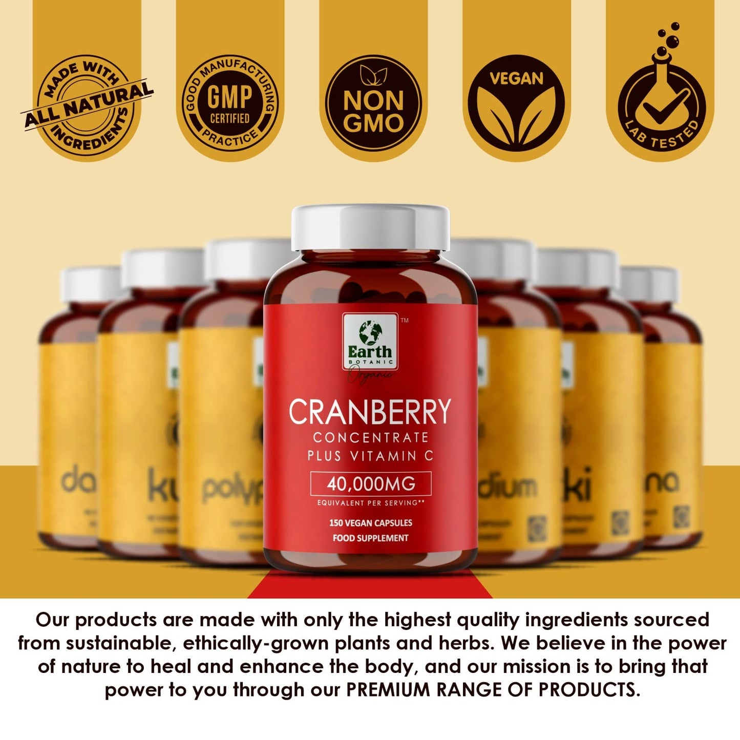 Earth BOTANIC Organic Cranberry Capsules 40,000mg High Strength | 150 Concentrated Pills Cranberry Extract Complex with Vitamin C Supplements