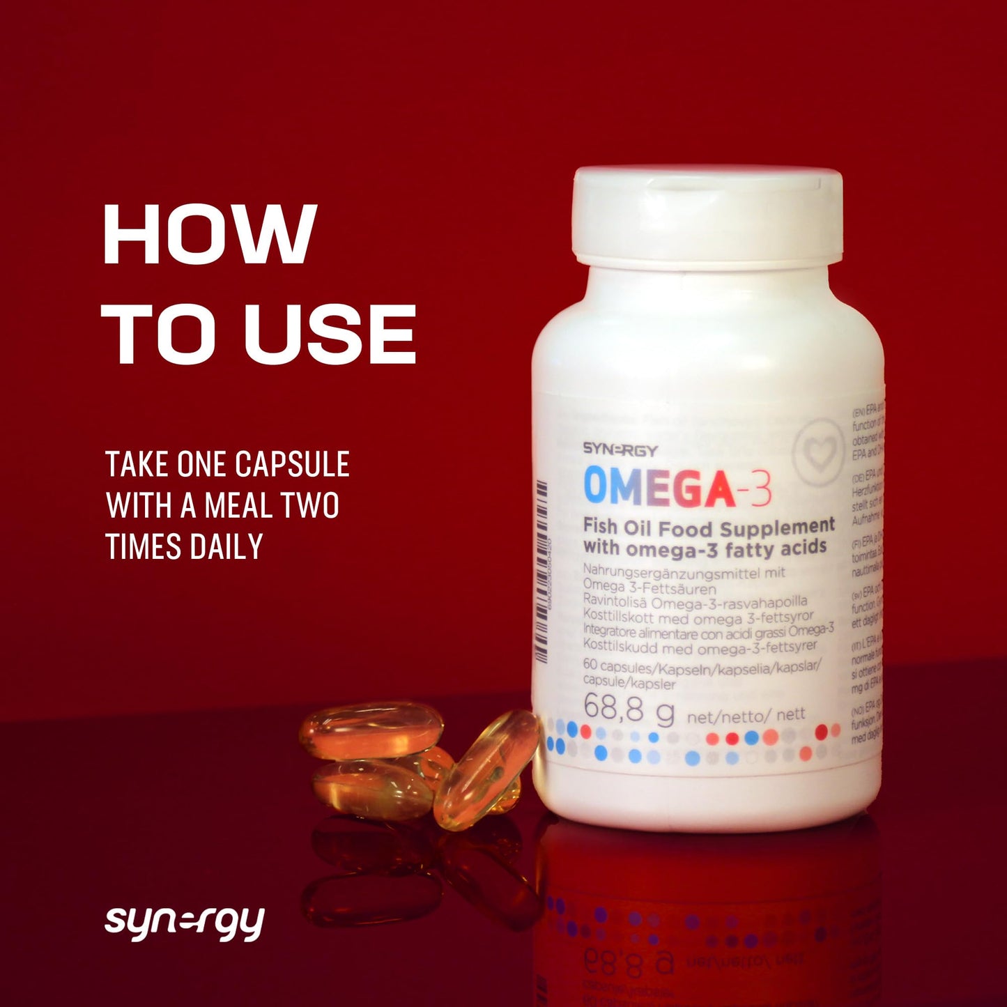 Synergy Worldwide Omega-3 60 Capsules | High Potency Fish Oil Supplement for Heart, Brain & Eye Health | 1000mg Fish Oil | Supports Normal Brain Function, Heart Health & Vision | 68,8 g