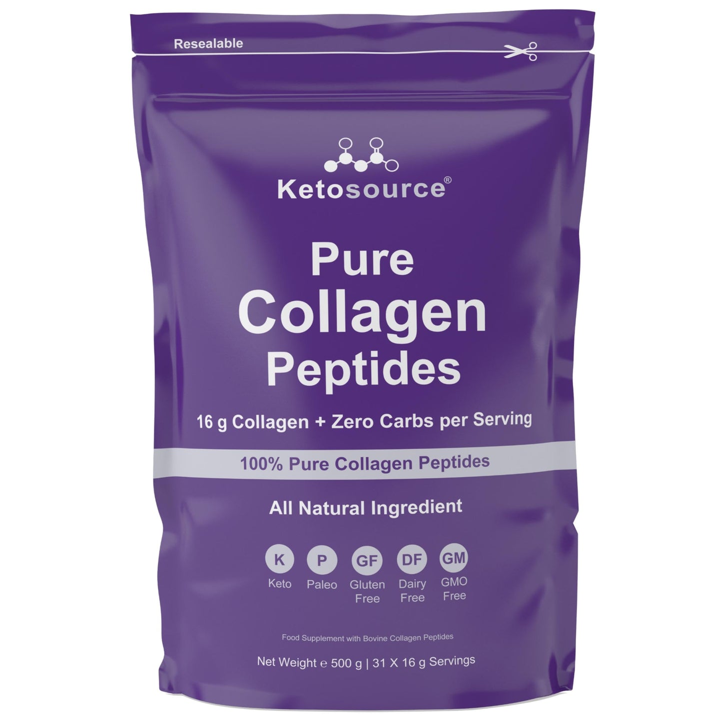 Ketosource Pure Collagen Peptides | Zero Aftertaste | Hydrolyzed Bovine | 500g Pouch