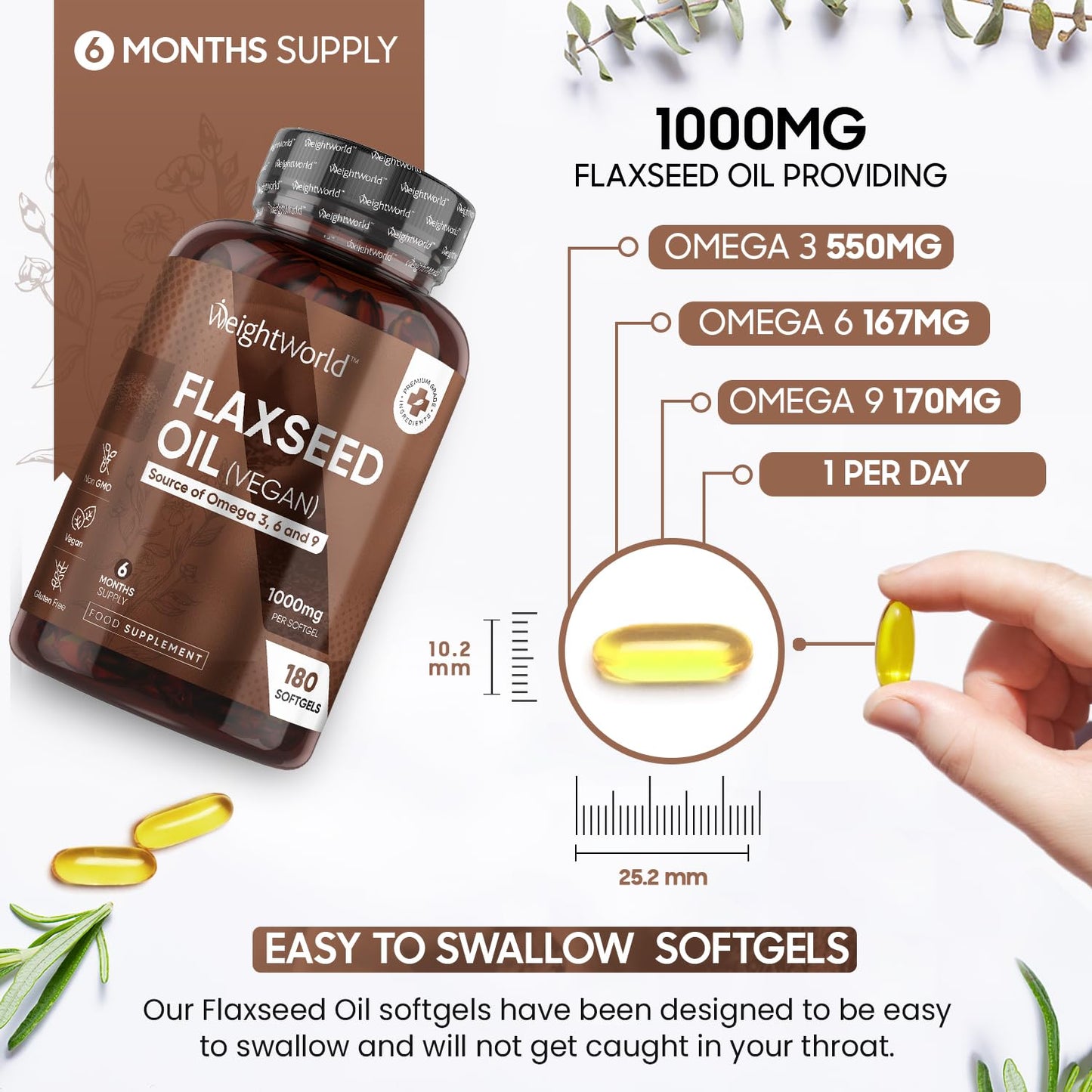 Flaxseed Oil Capsules - 2000mg per 2 Softgels - 180 Cold-Pressed & Vegan Omega 3 6 9 Capsules - Fish Oil Alternative - Linseed Oil ALA, Linoleic & Oleic Acid - Essential Fatty Acids Supplements