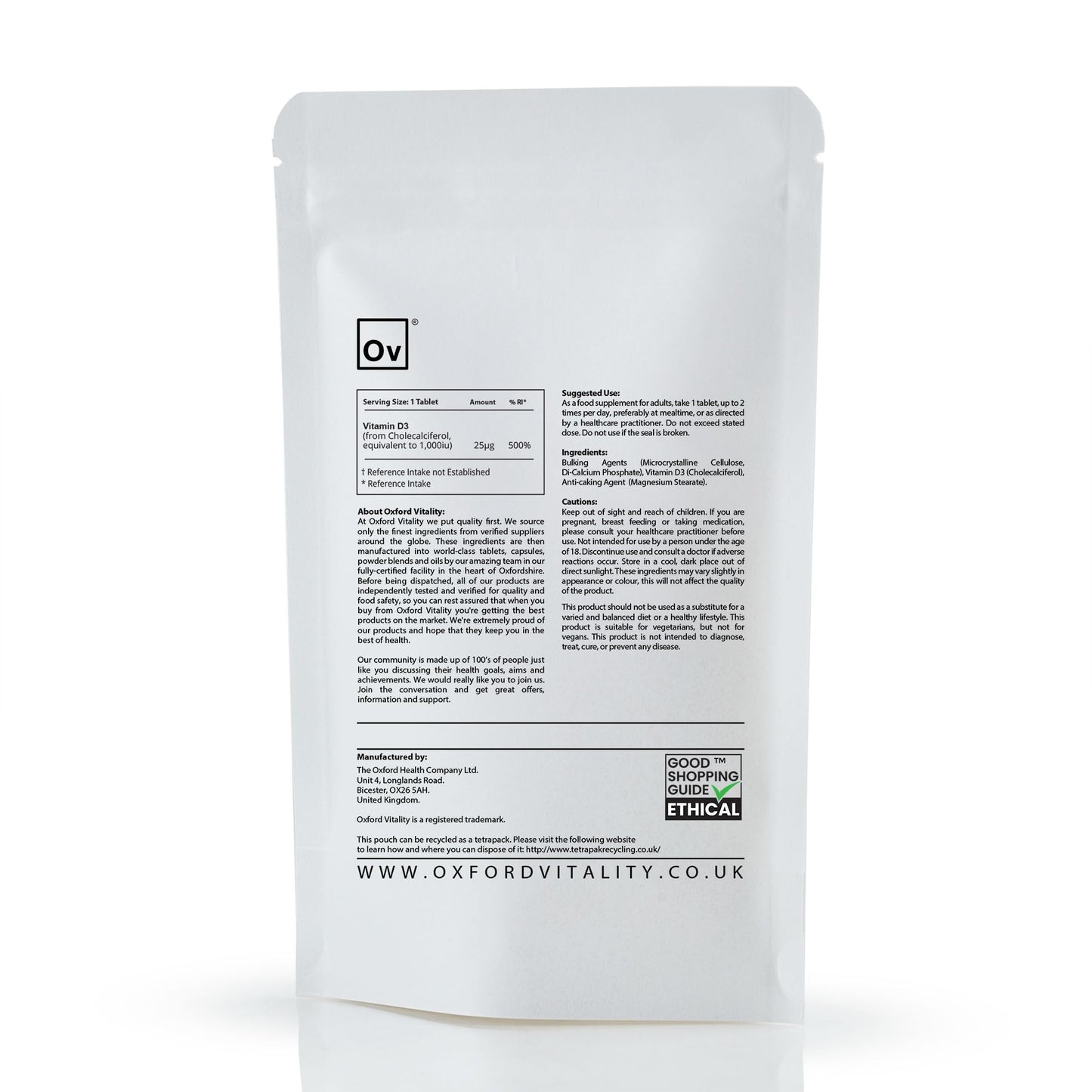 Ov OXFORD VITALITY Vitamin D3 Tablets | 1000 iu Supplement for Immune & Bone Health | Oxford Vitality