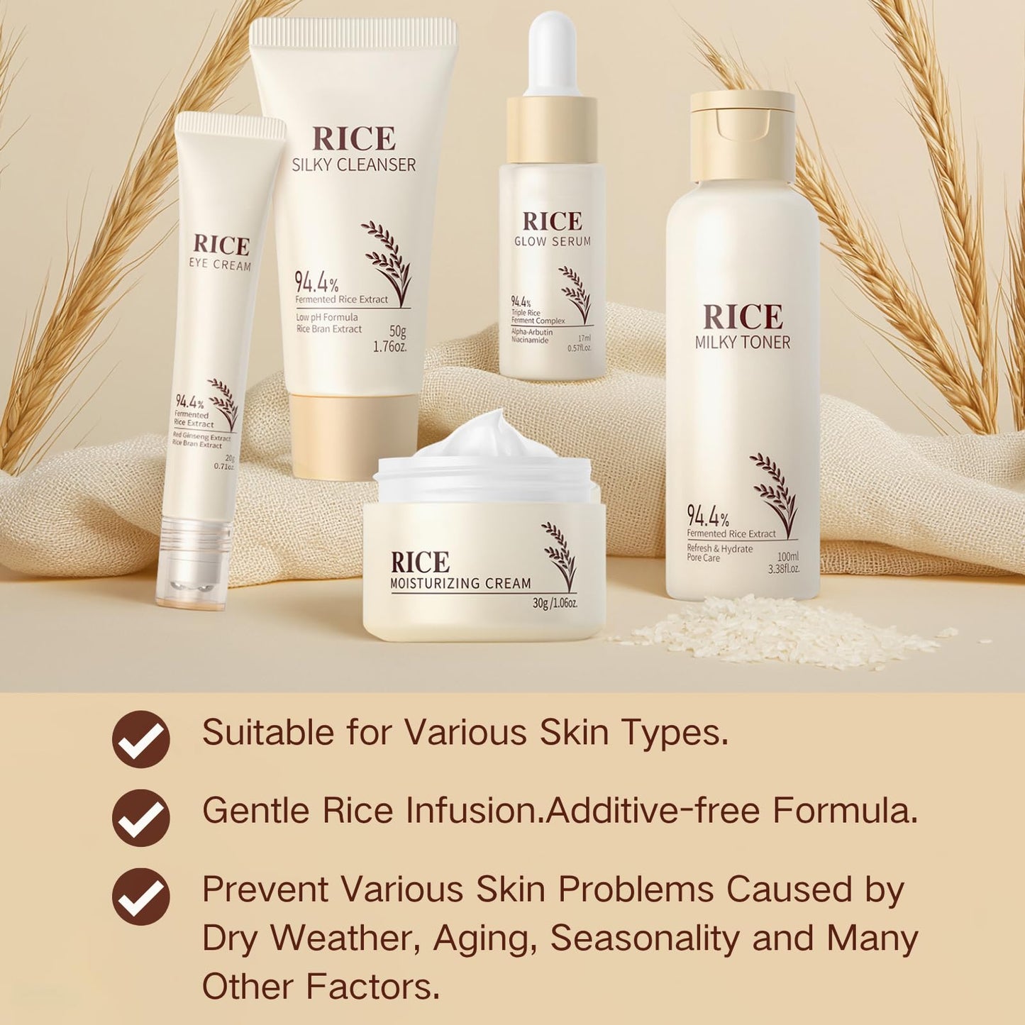 Rice Skincare Set 5PCS,Birthday Gifts for Women,Firming & Moisturizing Skin,Improved Skin Elasticity,Glow Radiance Kits with Toner,Glow Serum,Cleanser,Face & Eye Cream,Teenage Girls Gifts,Mum Gift Set