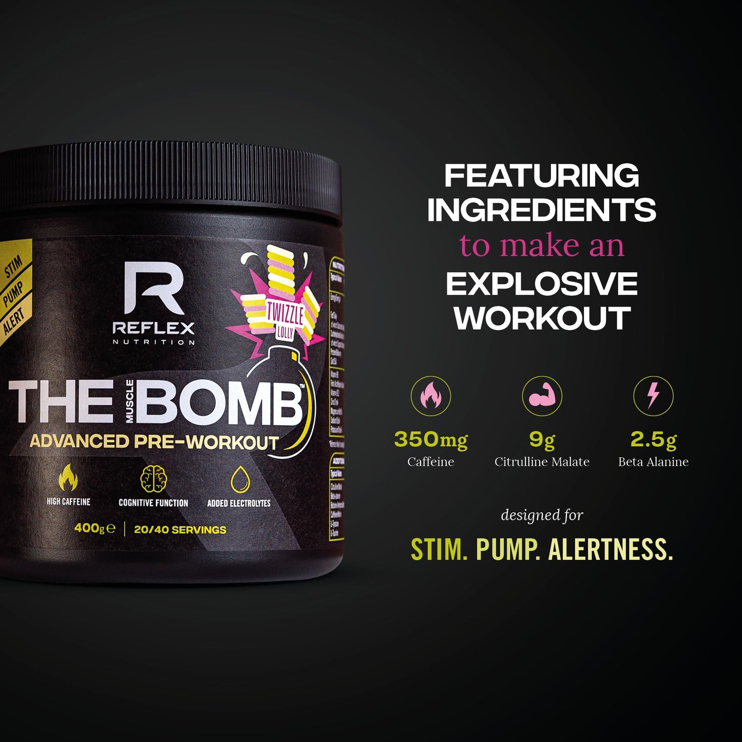 Reflex Nutrition The Muscle Bomb Caffeine Pre Workout Powder - 350mg Caffeine, 9g Citrulline Malate, 2.5g Beta Alanine - Energy, Pump & Focus for Explosive Workouts (Twizzle Lolly, 400g, 20 Servings)