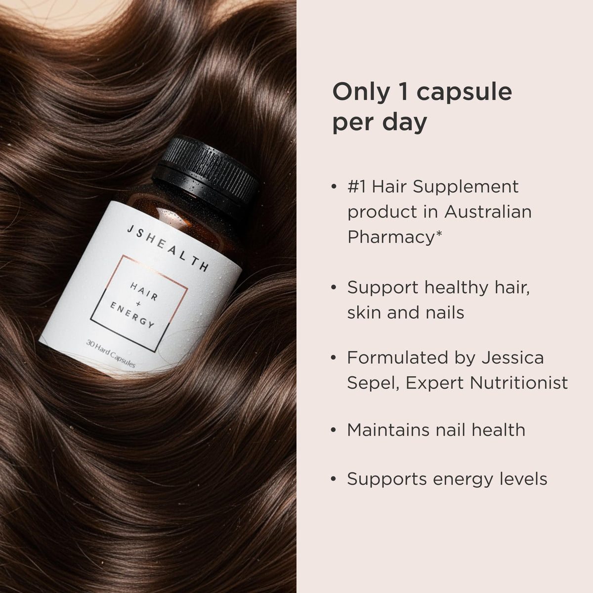 JSHealth Vitamins Hair and Energy Formula, Hair Growth Supplement for Women and Men, Zinc and Iodine Capsules for Healthy Growth, Hair Loss Support, 30 Capsules