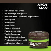 nishman NISHMAN Hair Styling Wax for Men 08 - Matte 150g - Vanilla Scent - Natural Matte Look - Strong Hold - Hair Clay Aqua Wax- Long-Lasting Control and Definition (Pack of 3)