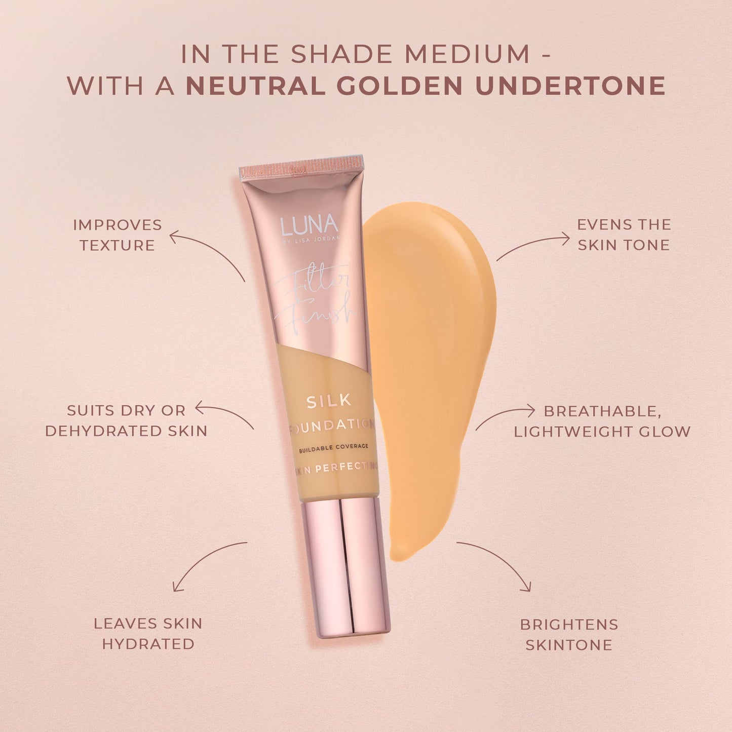 LUNA BY LISA JORDAN LUNA Silk Foundation in MEDIUM Shade - Contains Hyaluronic Acid, Vitamin C & A, Aloe Vera, and Shea Butter - Brightening Dewy Foundation Makeup - Hydrating Cream Foundation for Dry Skin