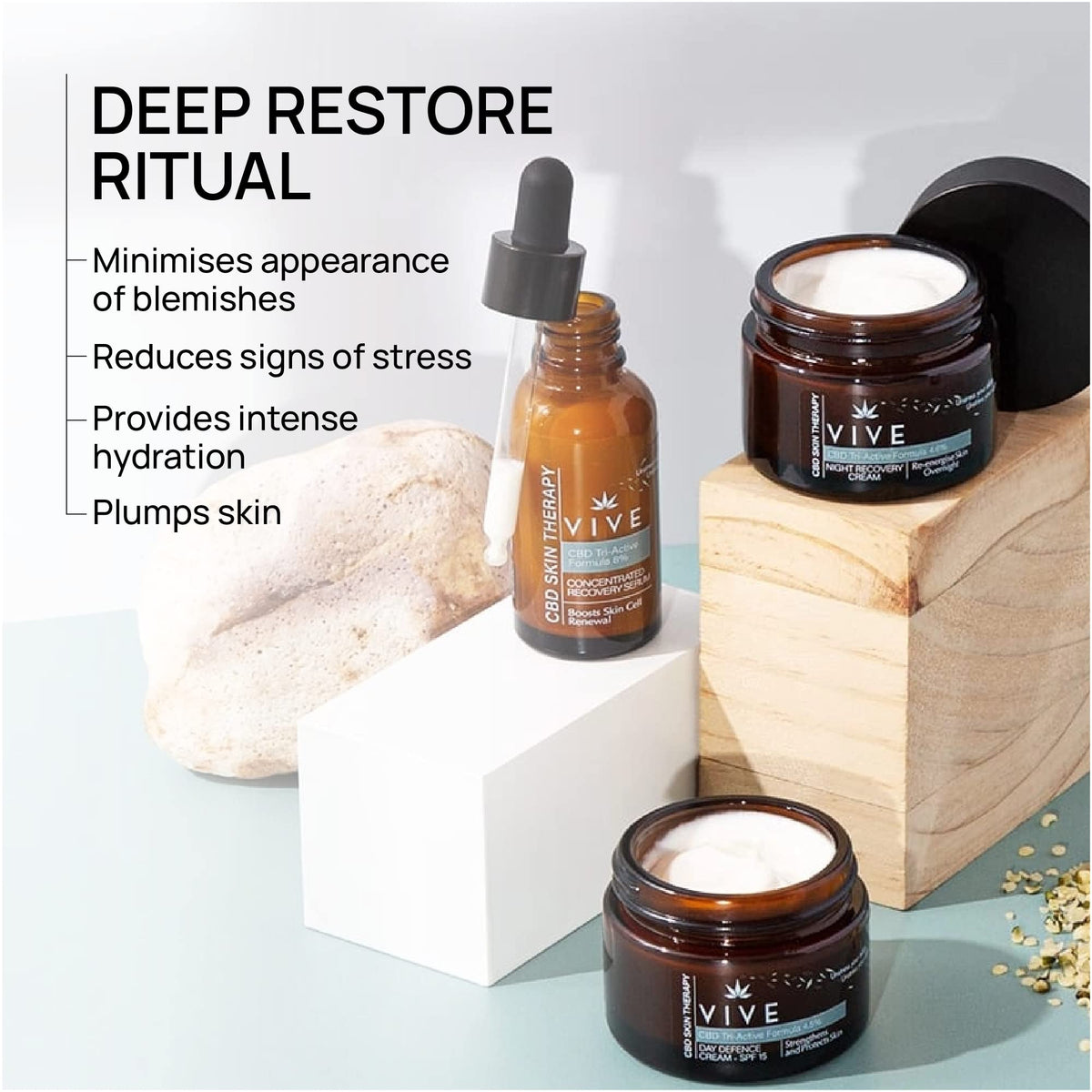 VIVE Menopause Perimenopause Skin Therapy - Deep Restore Ritual - Recovery Serum + Day Face Cream + Night Cream Recovery - Anti Blemish Treatment - Anti Inflammatory - Face Cream for Mature Skin