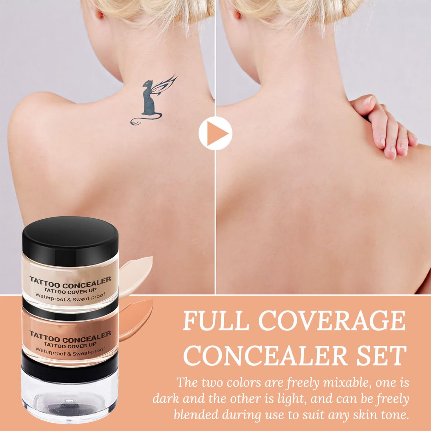 SHEBEEDO Tattoo Cover Up Makeup Waterproof, Tattoo Concealer Full Coverage, Natural Tattoo Makeup Cover Body Makeup for Scars，Tattoo Cover Up Set，Bruise Cover Up，Suitable for Men and Women(2pcs)