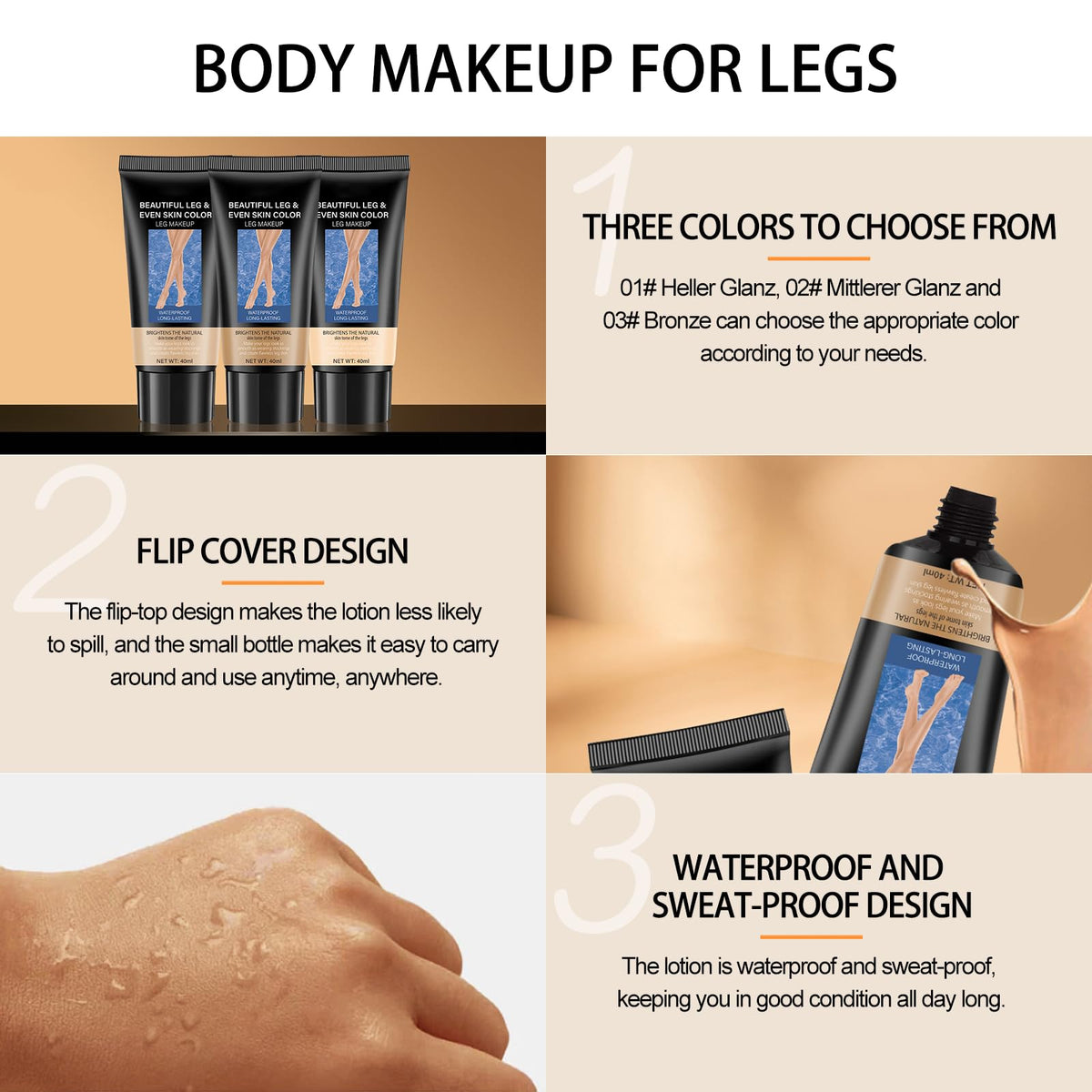 FOCUSUN Leg Makeup Waterproof No Transfer, Leg Make Up to Cover Veins, Concealer Full Coverage, Body Concealer, Tattoo Cover Up Makeup, Even Skin Tone, Easy Application(03 Brown Color,40ml)