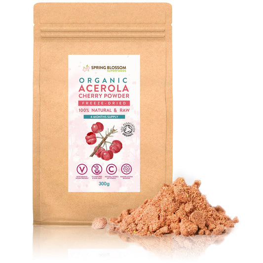 Spring Blossom 300g Organic Acerola Cherry Powder Freeze-Dried 100% Natural Vitamin C Raw Extract Food Supplement Immune System Booster Vegan Gluten-Free Superfood Ascorbic Acid Alternative No Additives Non-GMO