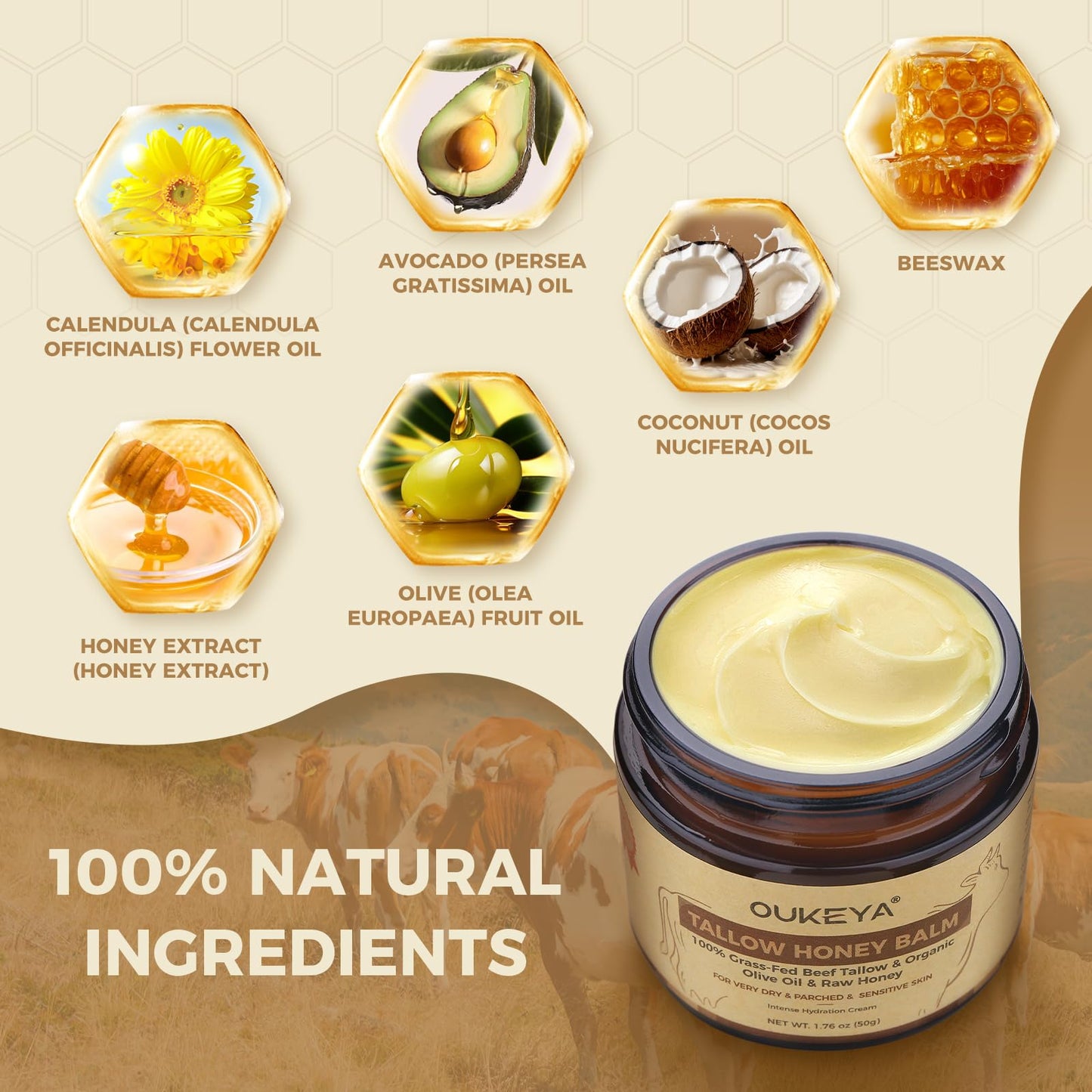 OUKEYA Beef Tallow Skin Care, Beef Tallow Face Cream, Tallow and Honey Balm, Deeply Nourishing for Face & Body (Enhanced Moisturising Version, 50g)