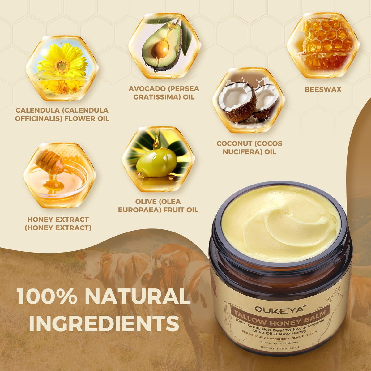 OUKEYA Beef Tallow Skin Care, Beef Tallow Face Cream, Tallow and Honey Balm, Deeply Nourishing for Face & Body (Enhanced Moisturising Version, 50g)