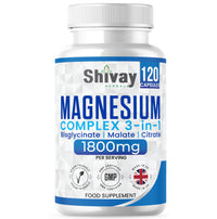 Magnesium Glycinate 3 in 1 Complex | 1800mg Per Serving - 384mg Elemental Magnesium | High Strength Magnesium Bisglycinate, Malate, Citrate | 120 Vegan Capsules | Made in The UK by Shivay Herbals