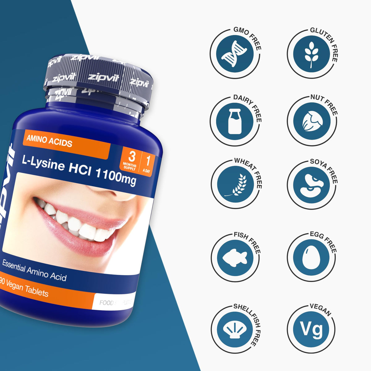 Zipvit L Lysine 1100mg, 90 Vegan Lysine Tablets, High Strength Essential Amino Acid Supplement, 3 Month Supply for Daily Wellness Support