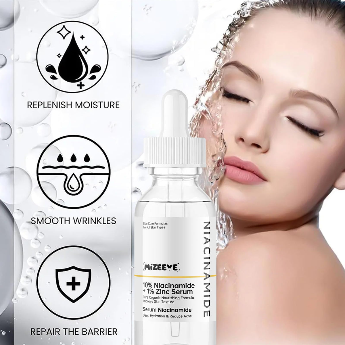 MIZEEYE Niacinamide Serum for Face, 2PCS Moisture Niacinamide Face Serum for Women, Niacinamide 10% + Zinc 1% Serum For Acne, Refreshing.