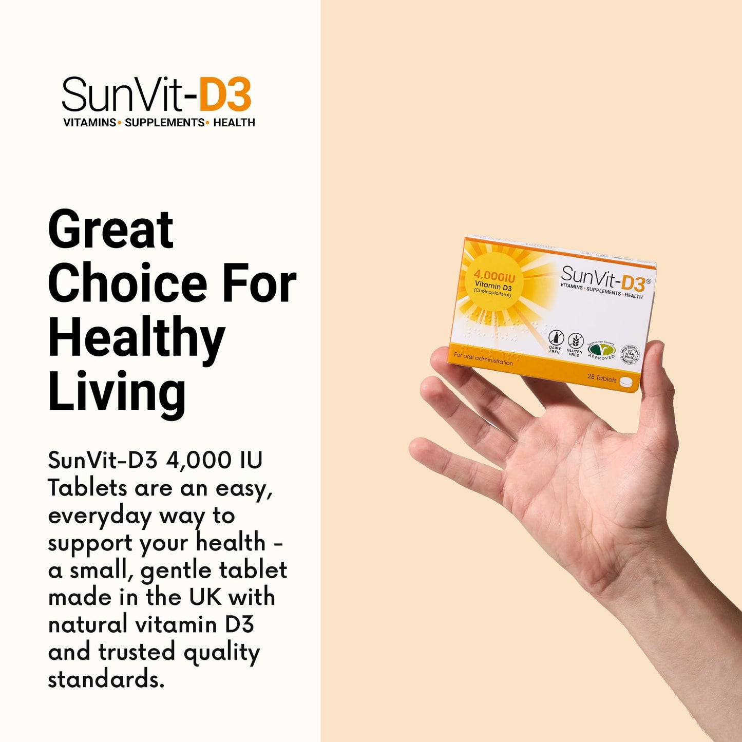 SunVit-D3 Vitamin D3 4000 IU Tablets | High Strength Vitamin D Tablets Supports Immune System, Bone, Teeth & Muscle Health | Gluten Free, Dairy Free | Vitamin D Supplements (28 Count)