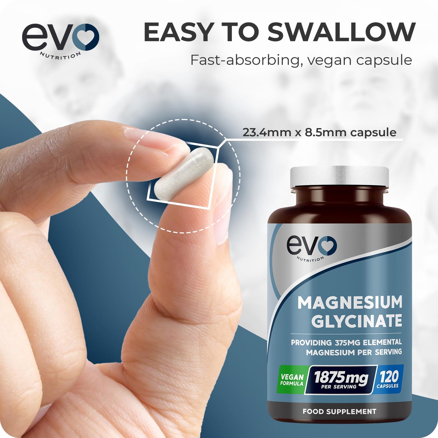 Magnesium Glycinate Supplement, 120 Capsules | Designed to Support Sleep, Energy, Body & Cognitive Health | High Strength 1875mg per Serving with 375mg Elemental | Vegan & UK Made | EVO NUTRITION