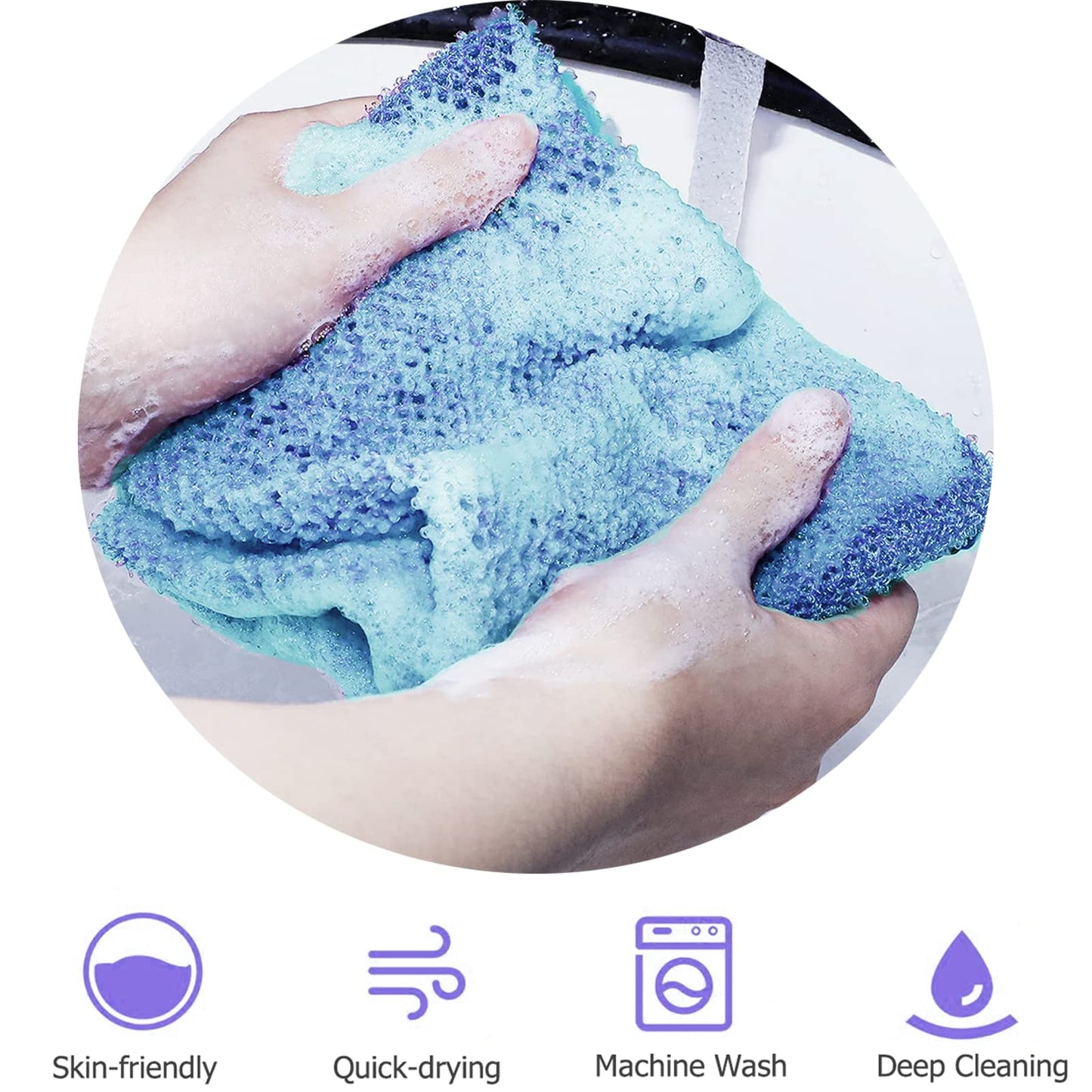 TENQUAN 3 PCS African Exfoliating Net Bath Sponge Exfoliating Body Scrubber Shower Scrubber Skin Smoother for Men Women Clean Clear Exfoliating Daily Wash(Purple Blue Coffee)