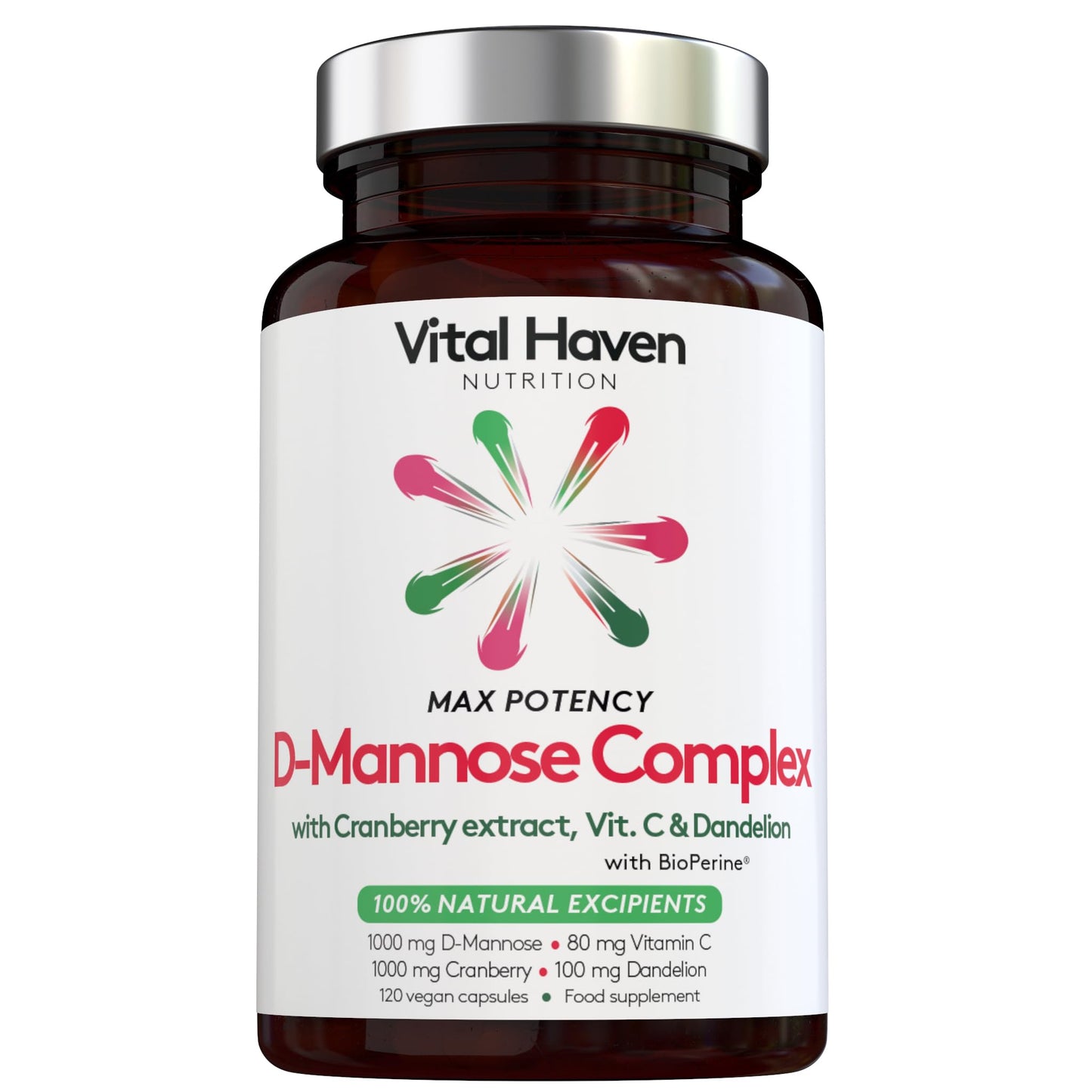 100% Natural - 5-in-1 D-Mannose Complex – 120 Vegan Capsules - Max Potency - D-Mannose + Cranberry Extract + Dandelion Root + Vitamin C – for UTI/Bladder Care - Made in The UK by Vital Haven