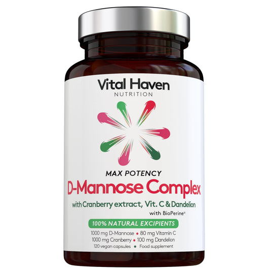 100% Natural - 5-in-1 D-Mannose Complex – 120 Vegan Capsules - Max Potency - D-Mannose + Cranberry Extract + Dandelion Root + Vitamin C – for UTI/Bladder Care - Made in The UK by Vital Haven