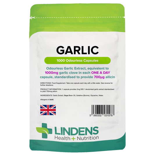Lindens Garlic Odourless Capsules - 1000mg (700mcg Allicin) - 1000 Capsules 1000 Days’ Supply - UK Manufacturer, Letterbox Friendly