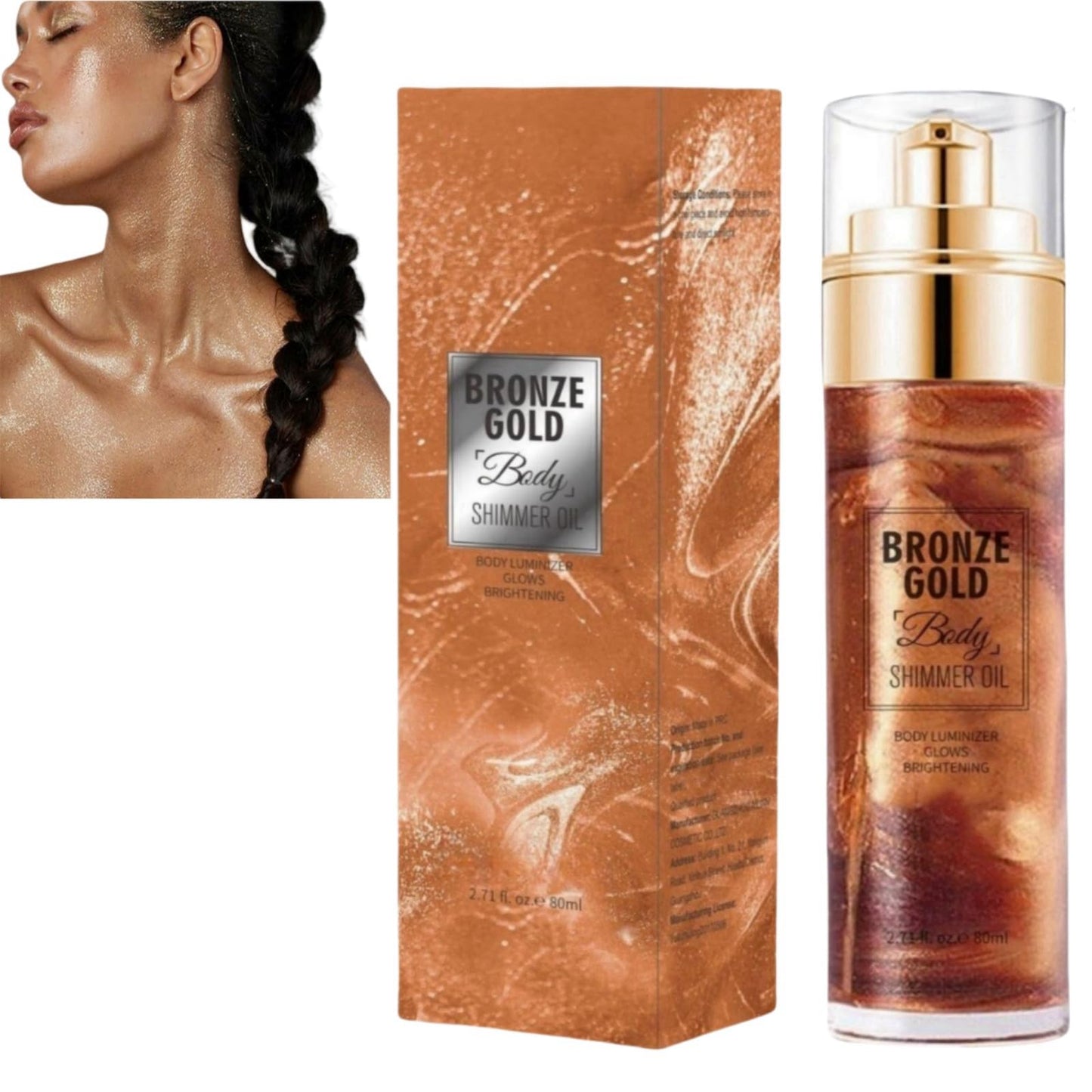 BigyQiu Body Shimmer Oil,Waterproof Gold Bronze Body Glow Liquid,Non-Sticky Face and Body Glow Shimmer,Body Liquid Luminizer Highlighter Shimmering Body Oil,Glitter Body Lotion,Shimmer Moisturiser,80ml