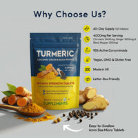 Right Choice Supplements Turmeric, Ginger & Black Pepper 4000 mg Tablets (per Serving), High Strength Curcumin Supplements, Vegan and Gluten Free, UK Made, 120 Count