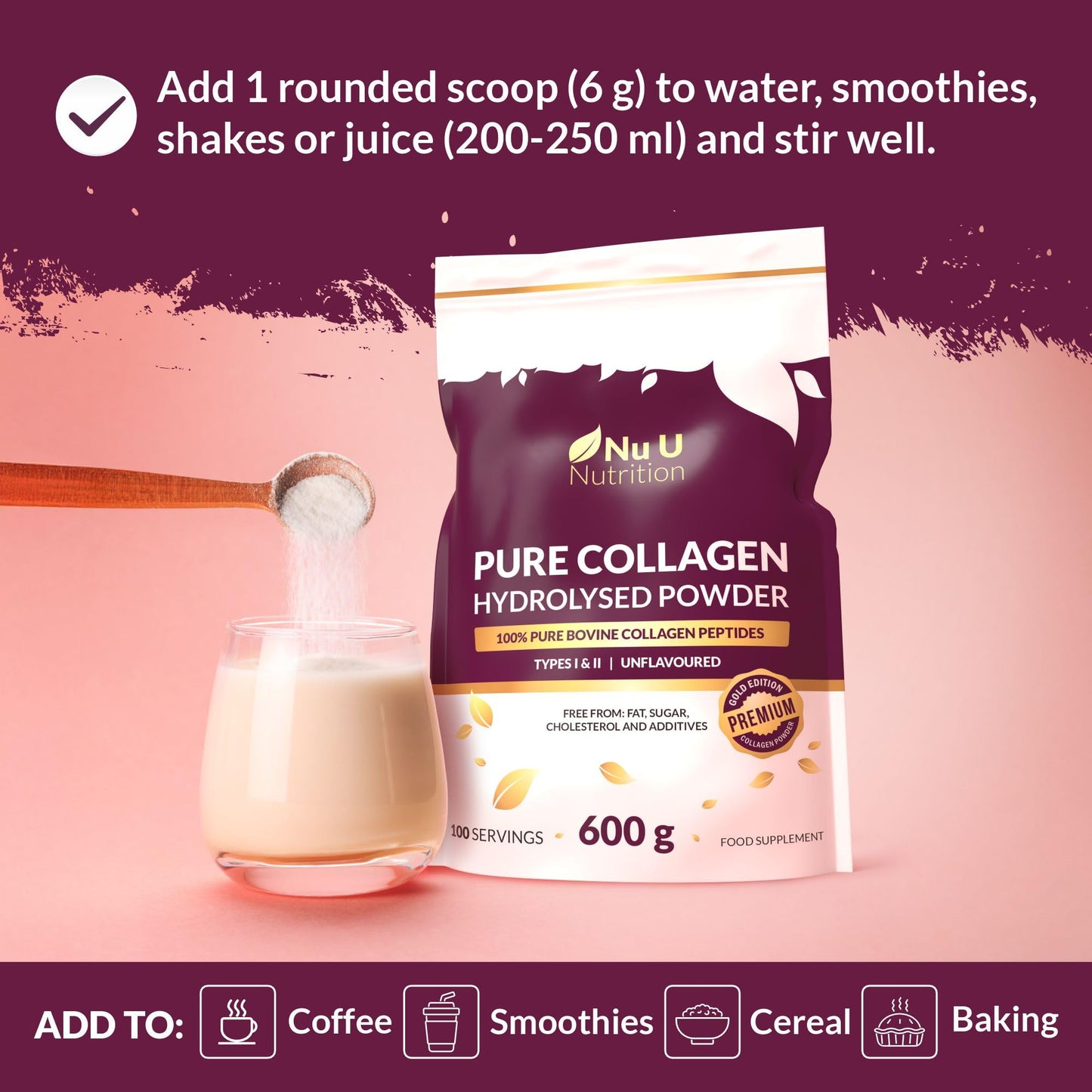 Collagen Powder 600g Large Pouch - 100 Servings - Premium Type I & II Bovine Collagen Peptides Hydrolysate Supplement Gold Edition - 3+ Month Supply - Unflavoured - Nu U Nutrition
