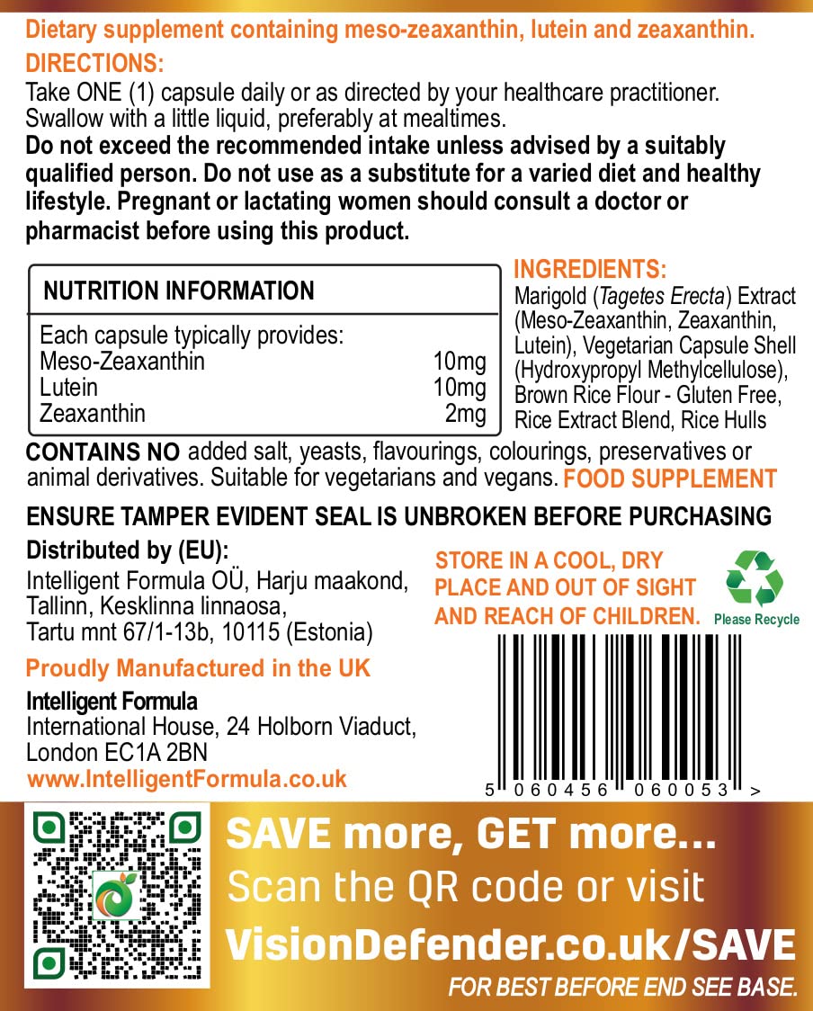 Lutein, Zeaxanthin & Meso-Zeaxanthin Eye Supplement: Vision Defender MAC – Antioxidant Carotenoids “Eye Vitamins” for Eyesight, Eye Care & Health - Vegan/Vegetarian - 90 Capsules/One-A-Day -Made in UK