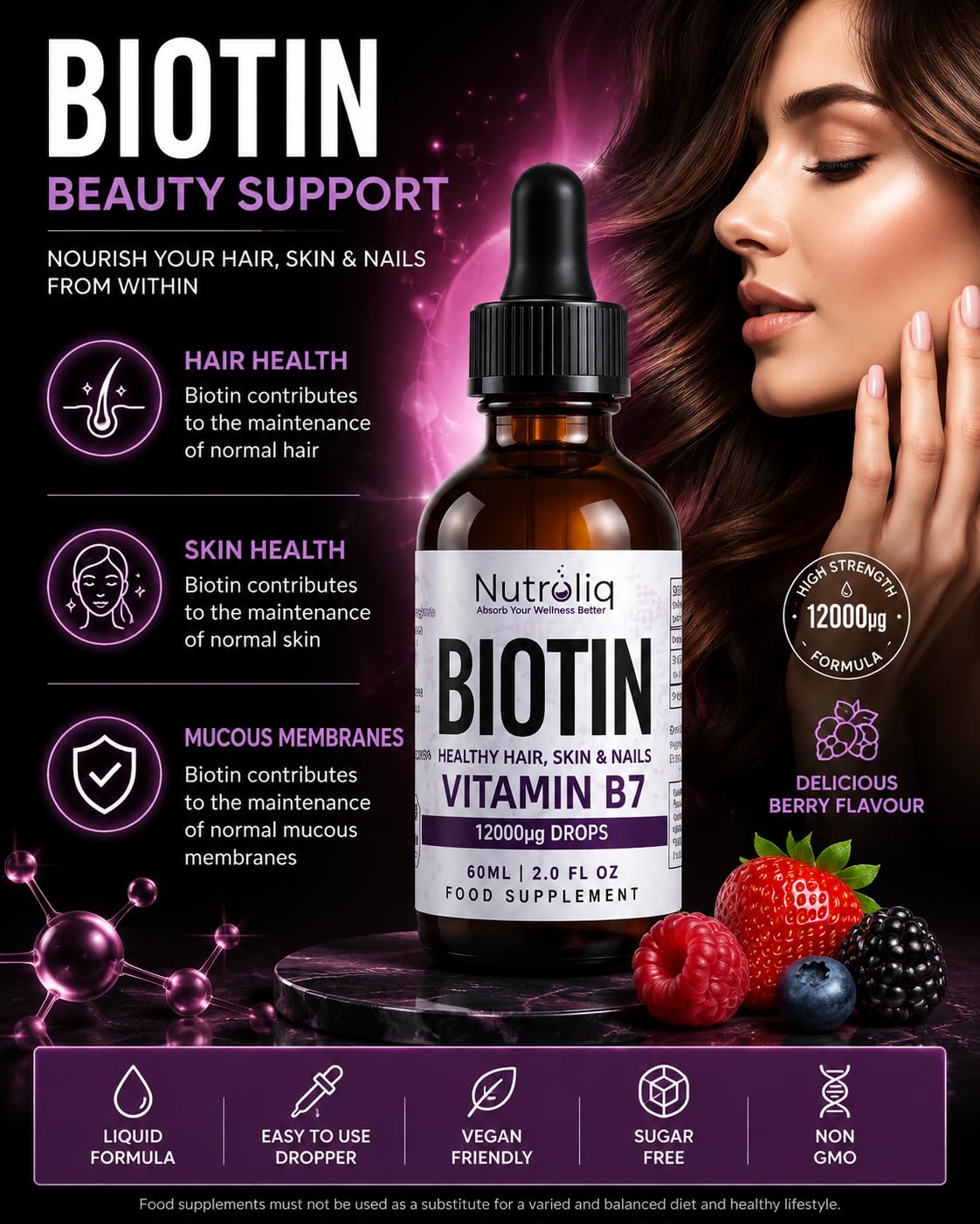 Nutroliq Absorb Your Wellness Better Nutroliq Biotin Liquid Drops - Vegan Vitamin B7 Dietary Supplement for Hair, Nail & Skin Health - Pure 12000mcg Biotin Drops for Hair Growth - Extra Strength Berry-Flavoured Vitamin H Serum - 60 ml