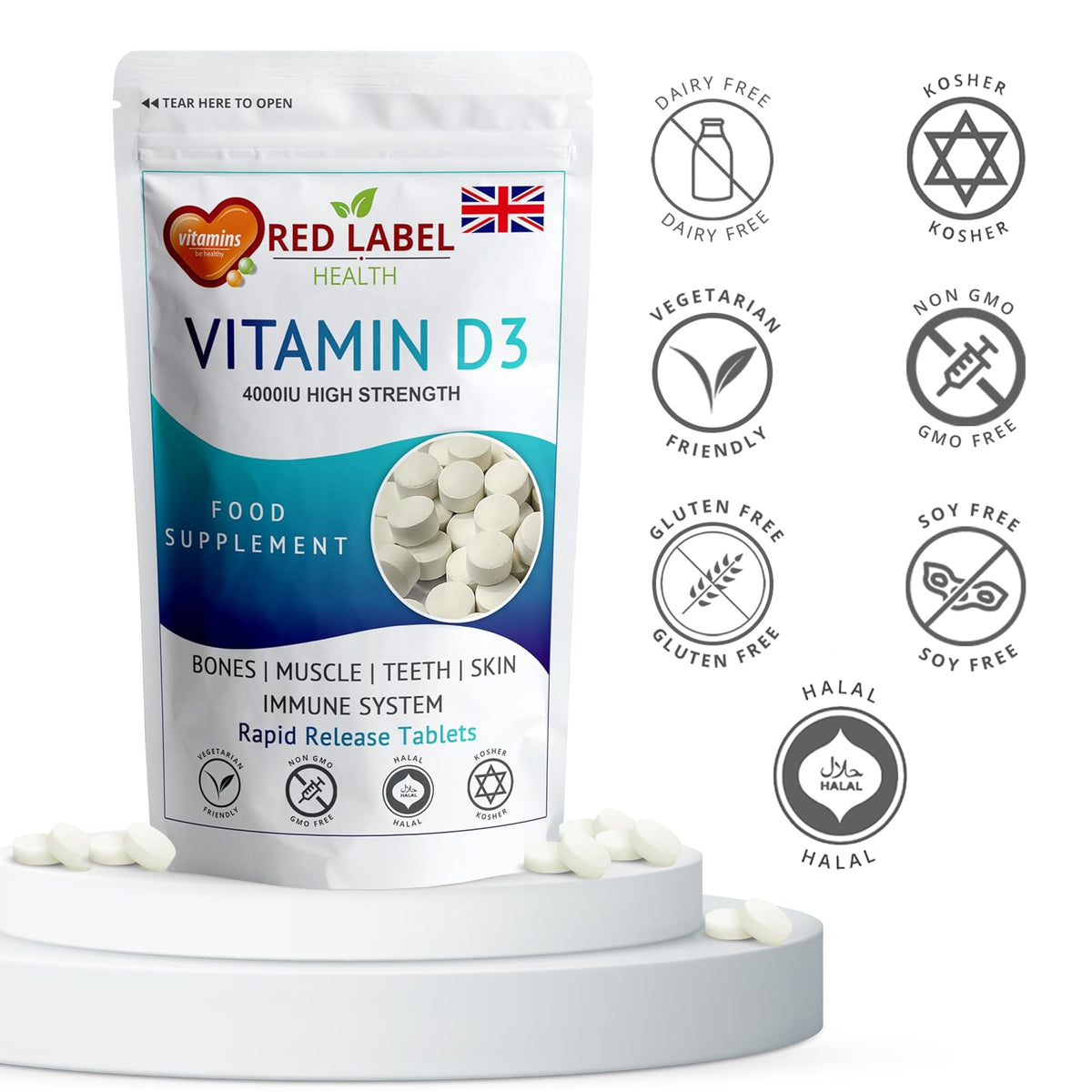 Red Label Health Vitamin D3 4000 IU, Pack of 360 Vitamin D Tablets (1 Year Supply), Healthy Teeth & Bones, Supports Immune System, High Strength Vitamin D Supplement for Men & Women, UK-Made