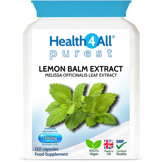 Health4All Lemon Balm Extract 1500mg per Capsule, 120 Capsules 4 Months Supply, High Strength Vegan Melissa for Anxiety, Sleep Support Supplement, Purest: no additives | Made in UK