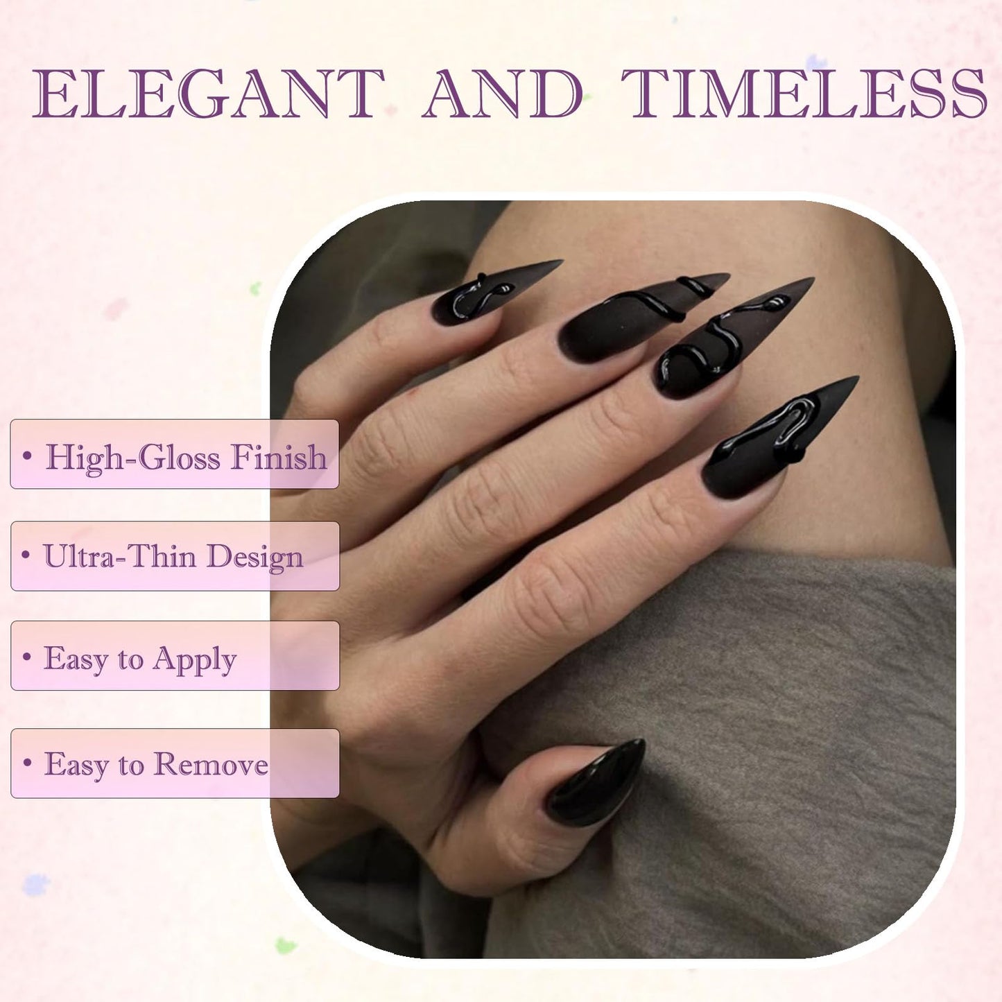 Generic 24PCS Black Almond Press-on Nails, Long Stiletto Shape with 3D Snake Design, Glossy Full Cover Fake Nails for Women, Easy Stick-On French Tip False for Quick Application