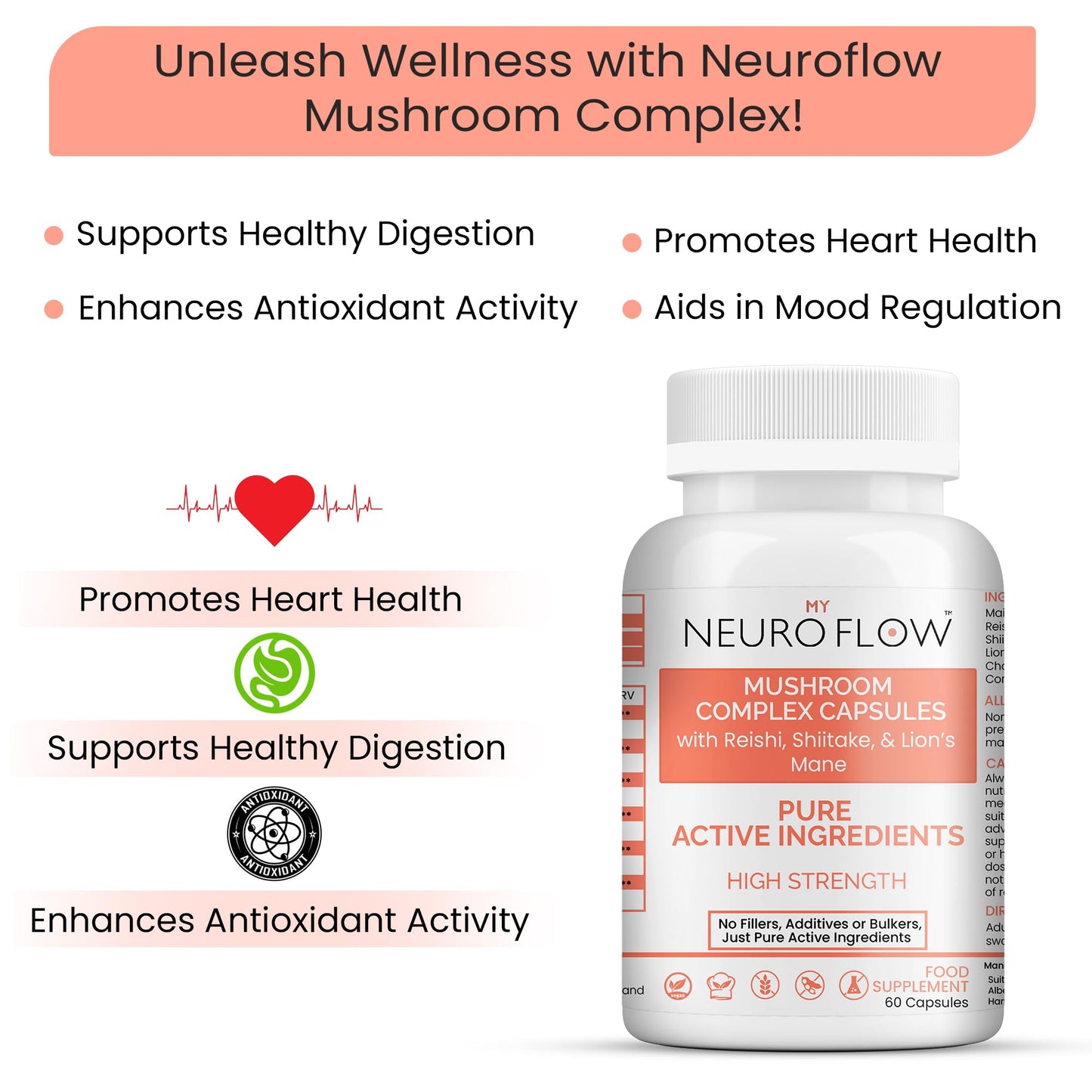 Mushroom Complex Supplement | No fillers, Additives or Bulkers, Pure Active Ingredients | High Potency Mushroom Capsules with Reishi,Shiitake and Lions Mane | 60 Capsules | Made in UK