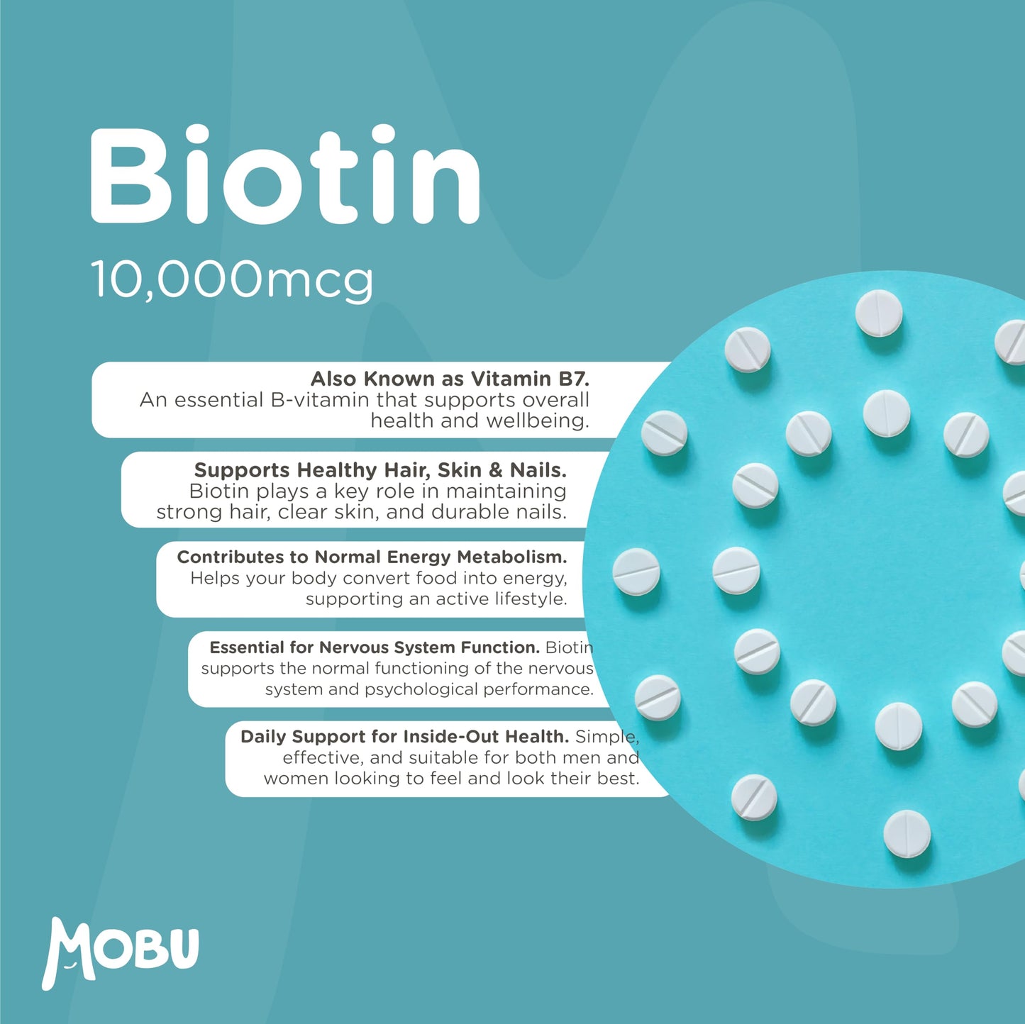 Biotin Tablets 10,000mcg |120 Tablets | Healthy Hair Growth | Hair, Skin & Nail Vitamin | Biotin Supplement | Vegan | GMP Approved | MOBU