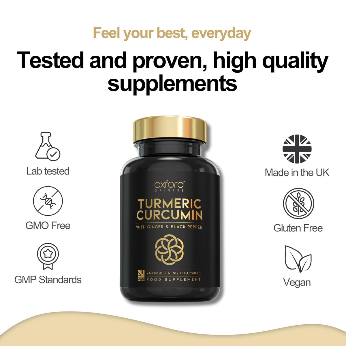 Oxford Origins Advanced Turmeric and Black Pepper Capsules Made in the UK | ONE per Day Turmeric Supplement with Ginger & Black Pepper | High Absorption Tumeric Supplement Joints Care (240 Count)