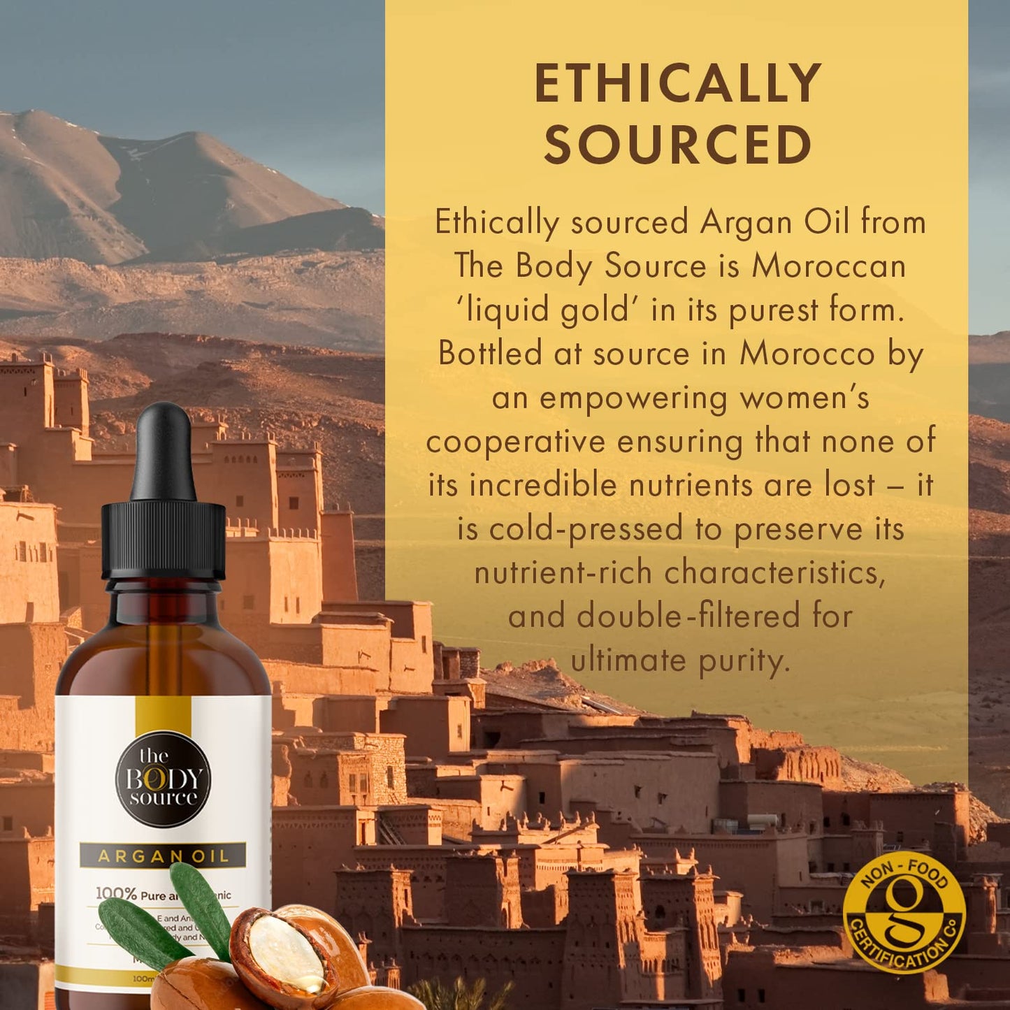 The Body Source 100% Organic Argan Oil, 100ml - Cold Pressed, Ethically Sourced & Bottled in Morocco - For Healthy Hair, Skin & Nails