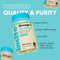 Incite Nutrition Omega 3 Fish Oil Capsules 2000 mg. 360 Softgels. 6 Month Supply of High Strength Omega 3 Fatty Acids with EPA & DHA. Non-GMO, UK Made, No Fishy Aftertaste