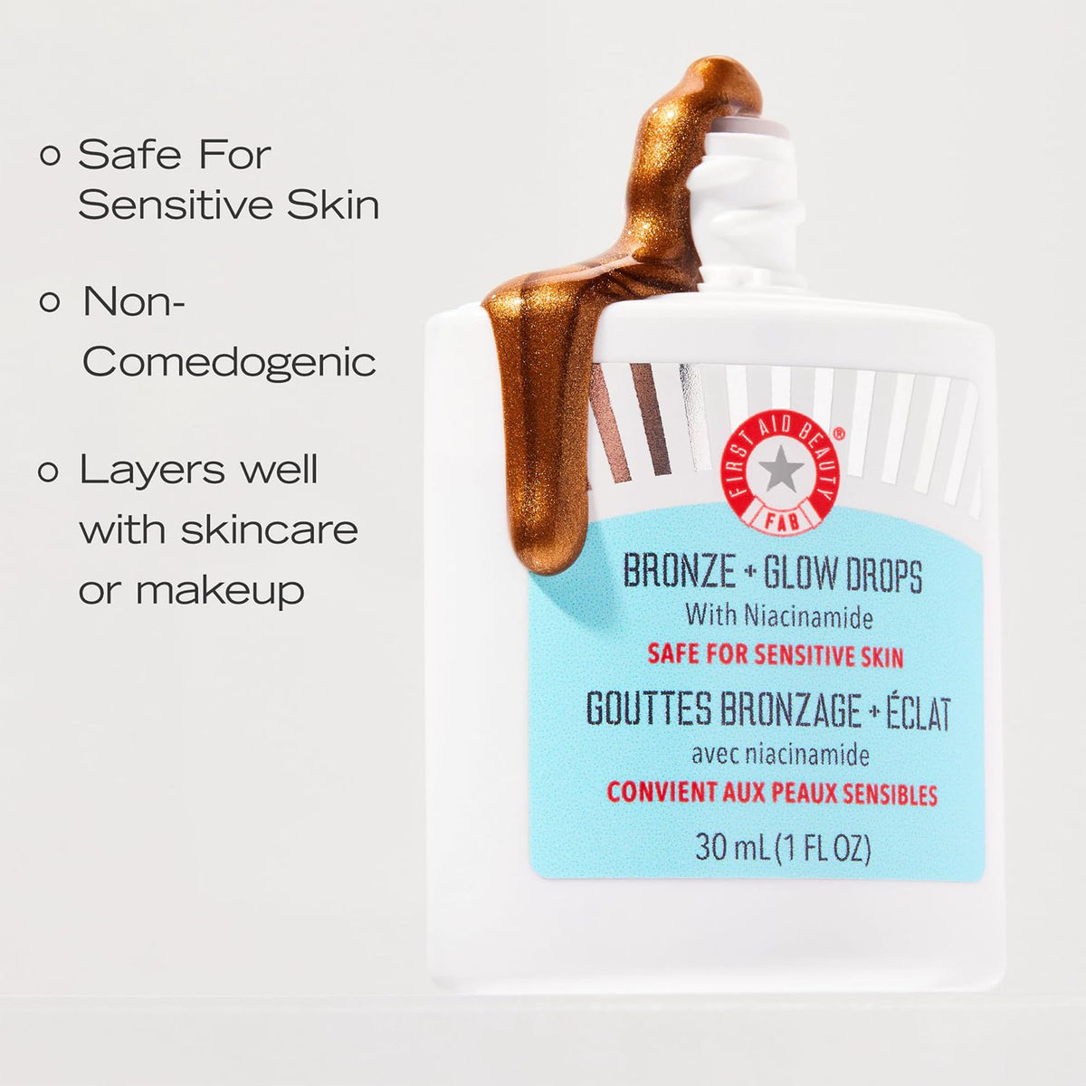FIRST AID BEAUTY First Aid Beauty Bronze + Glow Drops with Niacinamide – Face Serum Helps Give an Instant Glow, Visibly Even Skin Tone + Blur Pores – Safe for Sensitive Skin – 30 mL