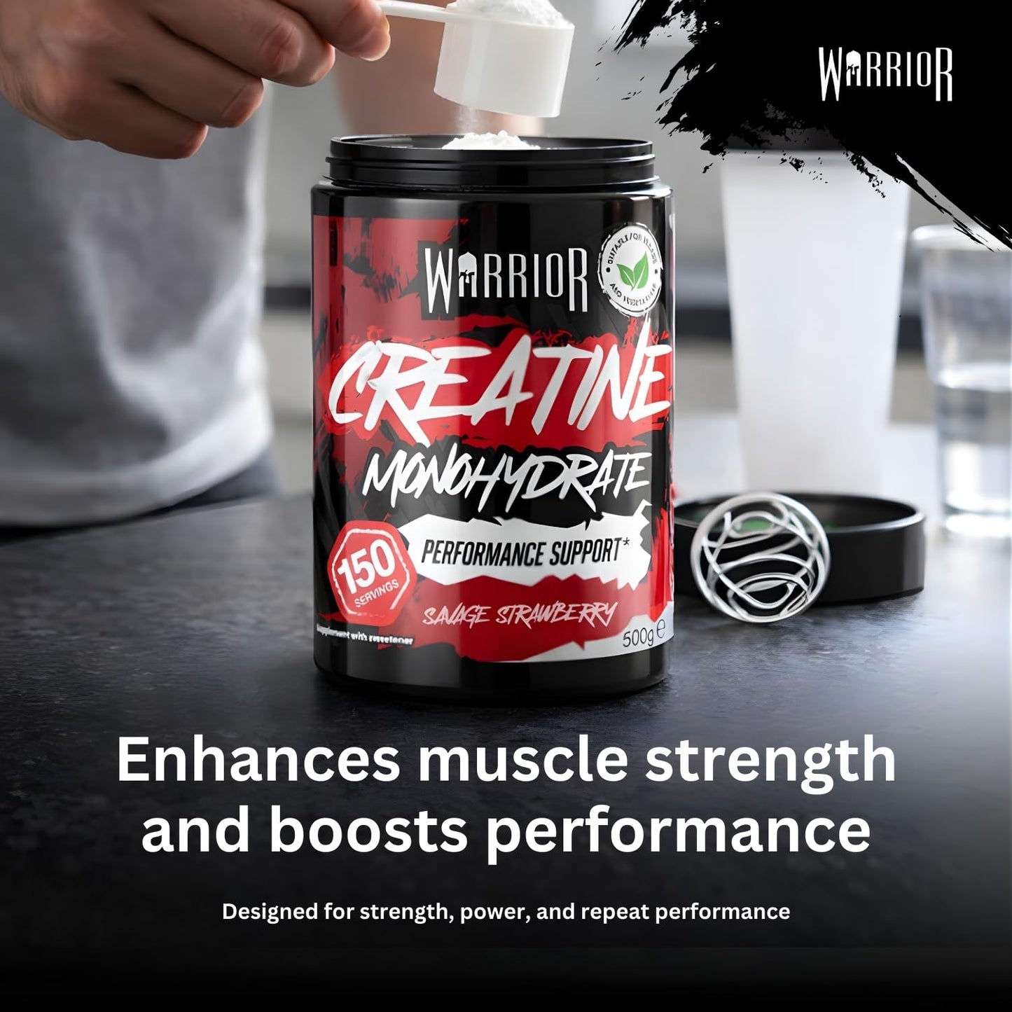 Warrior Flavoured Creatine Monohydrate Powder 500g (150 Servings) – Creatine Powder Drink, Creatine for Performance, Strength & Recovery (Not Creatine Gummies or Tablets) – Savage Strawberry