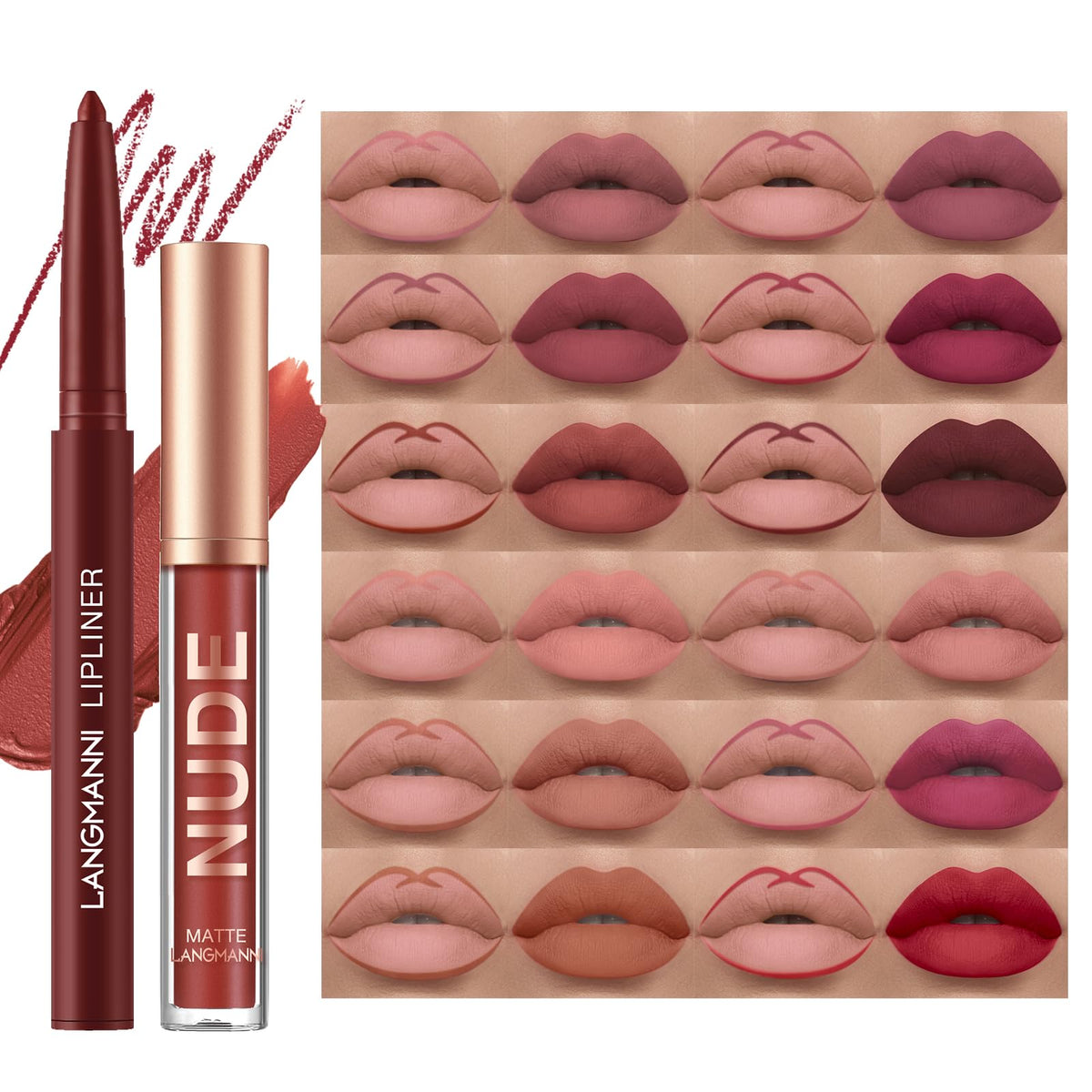 LANGMANNI 4pcs Matte Lipstick with Lipliners Durable Makeup Set,Long-Lasting Non-Stick Cup Not Fade Waterproof Pigmented Velvet Lipgloss Kit Beauty Cosmetics Makeup Gift for Girls(#12811)