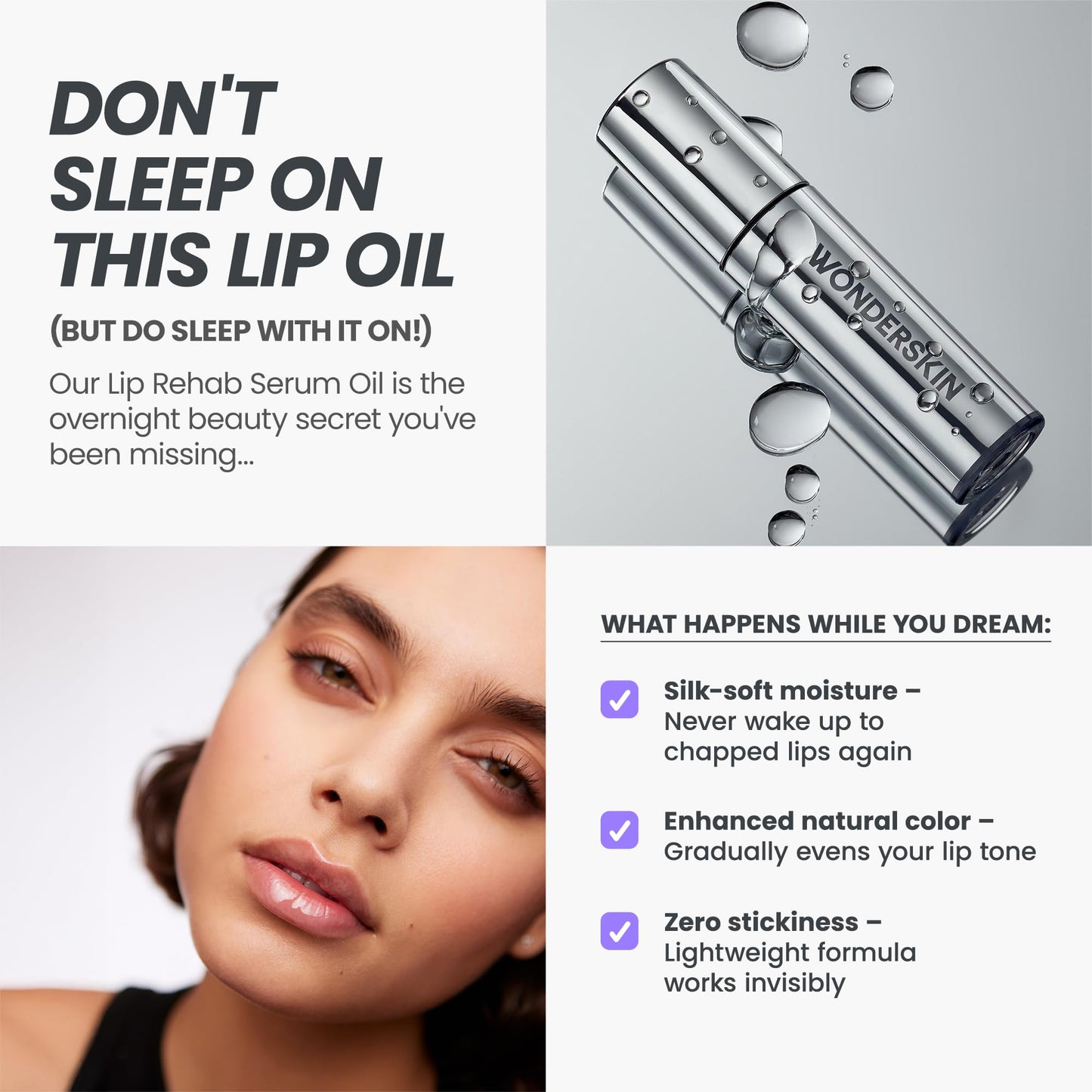 Wonderskin Lip Oil Rehab Serum - Hydrating and Moisturizing Clear Serum for Dry Lips - Natural, Vegan and Non-sticky (Clear)
