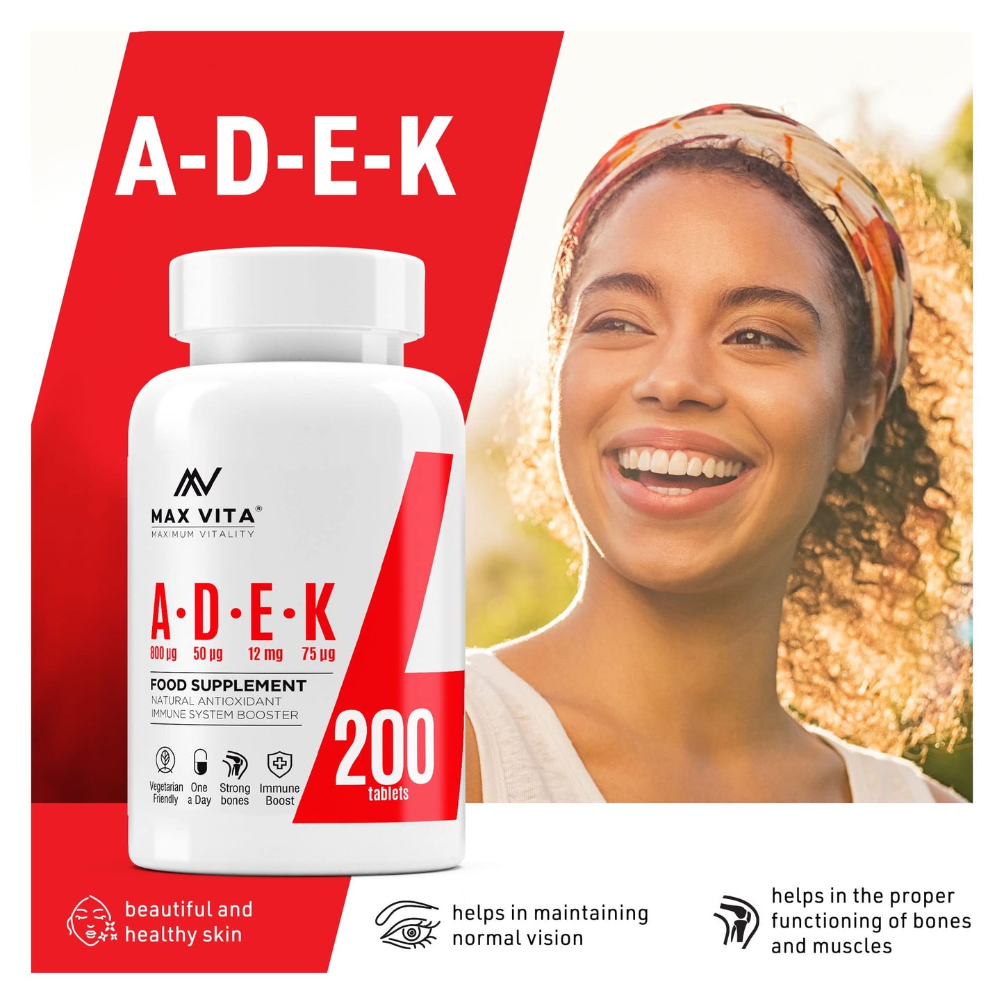 ADEK Vitamin A D3 2000IU K2 (MK-7) 75mcg UK Made & Vegetarian Supplement for Strong Bones, Teeth, Skin, Nails Immune System Antioxidant 200 Tablets