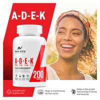 ADEK Vitamin A D3 2000IU K2 (MK-7) 75mcg UK Made & Vegetarian Supplement for Strong Bones, Teeth, Skin, Nails Immune System Antioxidant 200 Tablets