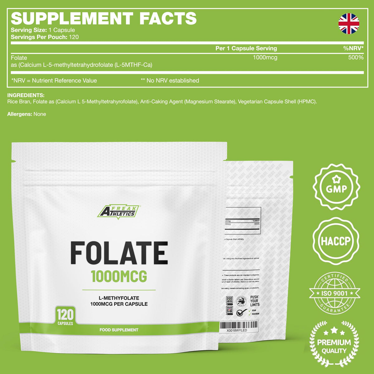 Freak Athletics Folate 1000mcg (L-Methylfolate) 120 Capsules, 5-MTHF Active Form of Folic Acid/Vitamin B9, UK Made