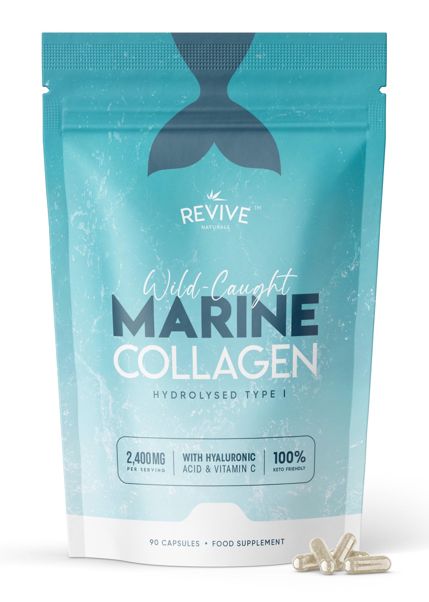 Revive Naturals Marine Collagen Capsules 2400mg - with Hyaluronic Acid & Vitamin C - 90 Capsules - Premium Complex for Skin Joints & Hair for Women & Men – Resealable and Recyclable Pouch by Alpha01