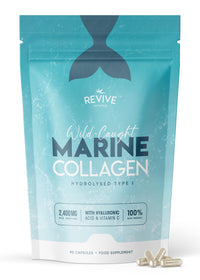 Revive Naturals Marine Collagen Capsules 2400mg - with Hyaluronic Acid & Vitamin C - 90 Capsules - Premium Complex for Skin Joints & Hair for Women & Men – Resealable and Recyclable Pouch by Alpha01