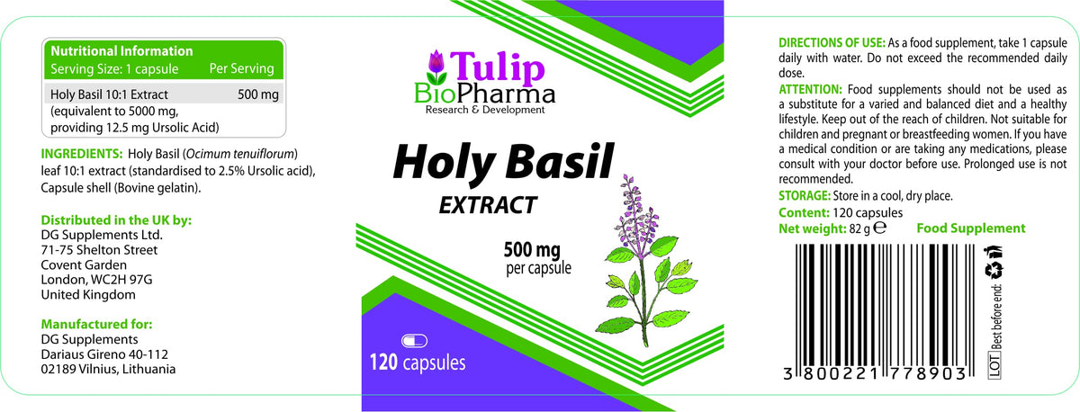 Tulip BioPharma Tulsi Holy Basil 5,000mg Equivalent | 120 Capsules | 4-Month Supply | 500mg 10:1 Ocimum Sanctum Extract | 3rd Party Lab Tested