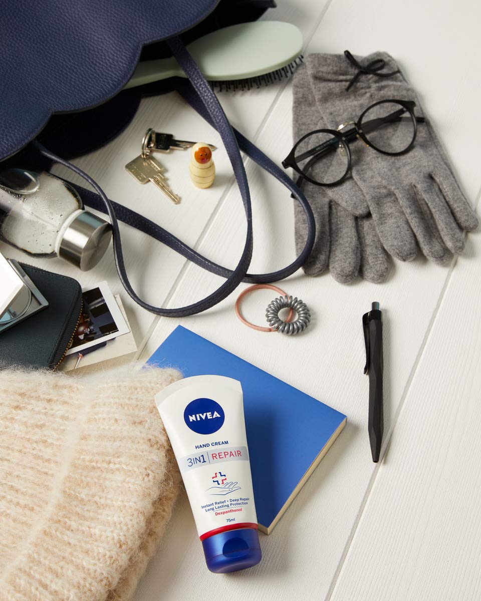 NIVEA 3-in-1 hand cream (75 ml), rich skin cream with dexpanthenol for intensive care, hand care for very dry and cracked hands