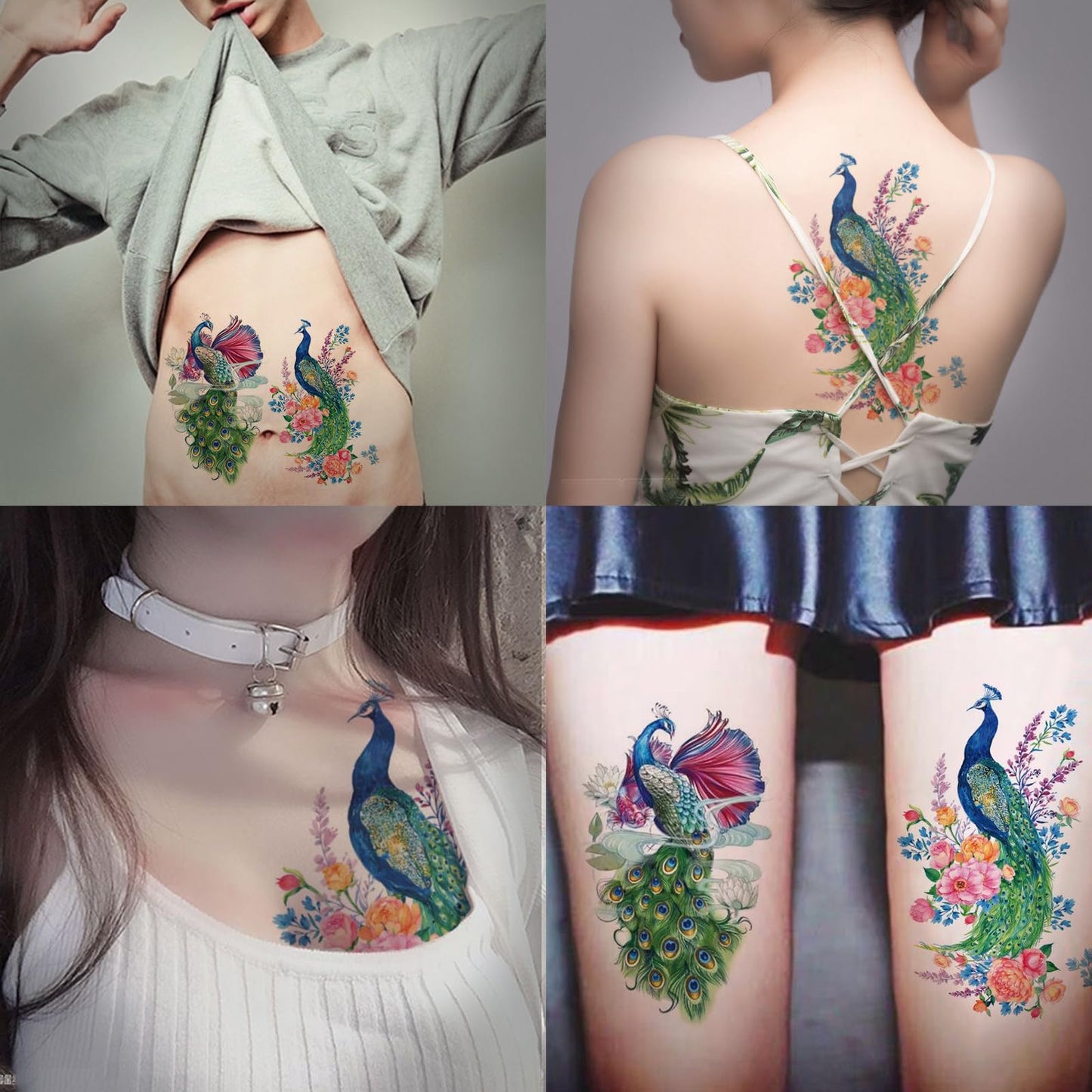 Nirbffo Large Temporary Tattoos Peacock Flowers Legs Arm Belly Back Waterproof Sticker 4 Sheets